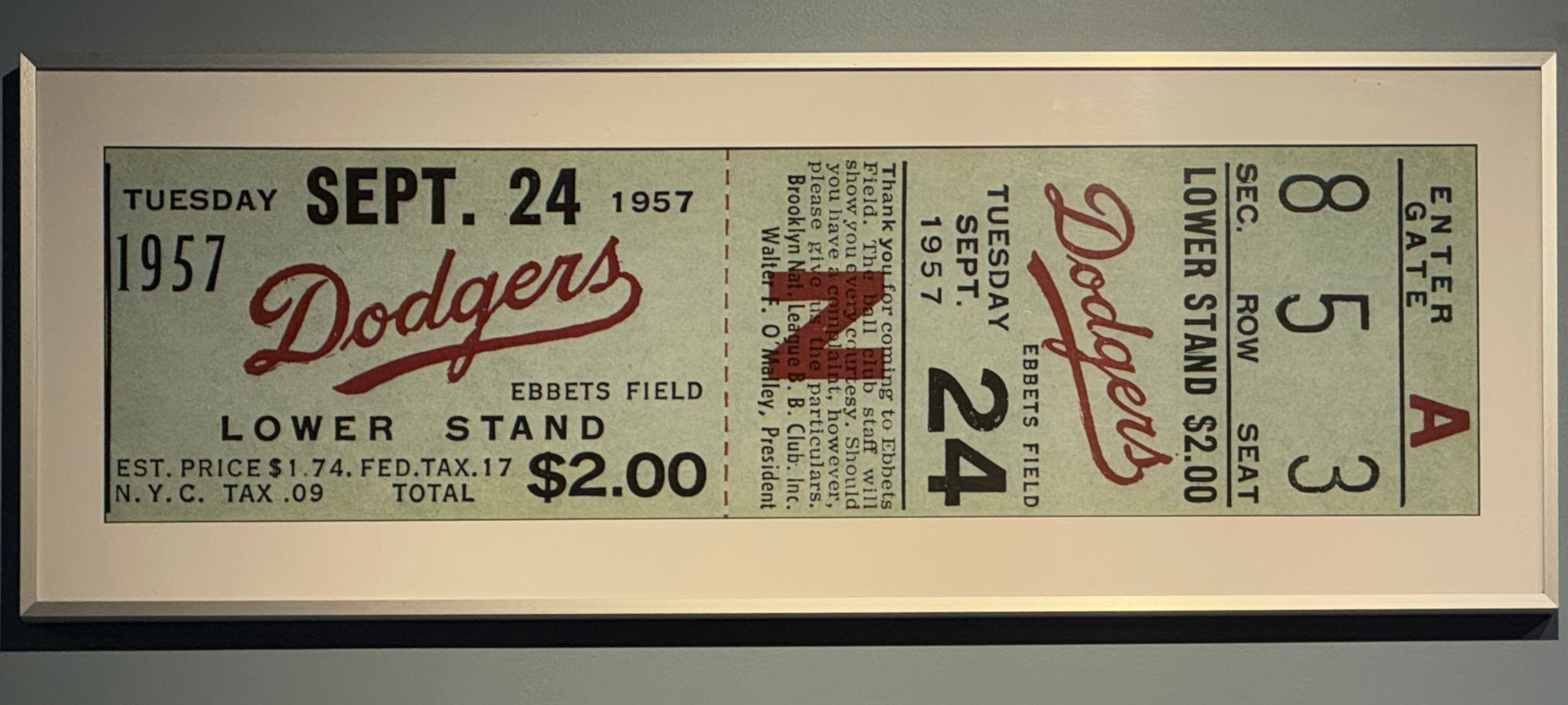 1957 Ebbets Field Final Game Ticket