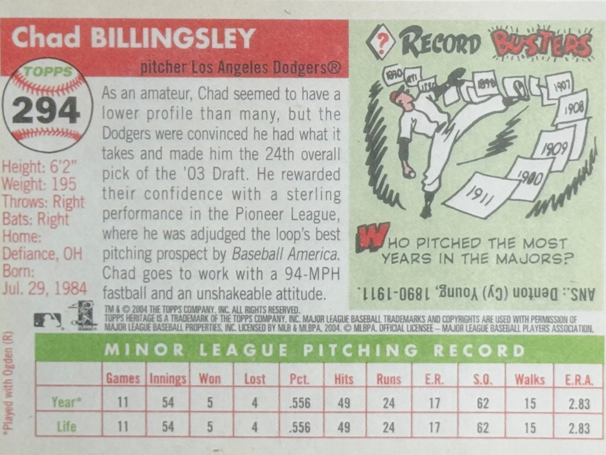 Back of Chad Billingsley's Baseball Card Back of Chad Billingsley's Baseball Card