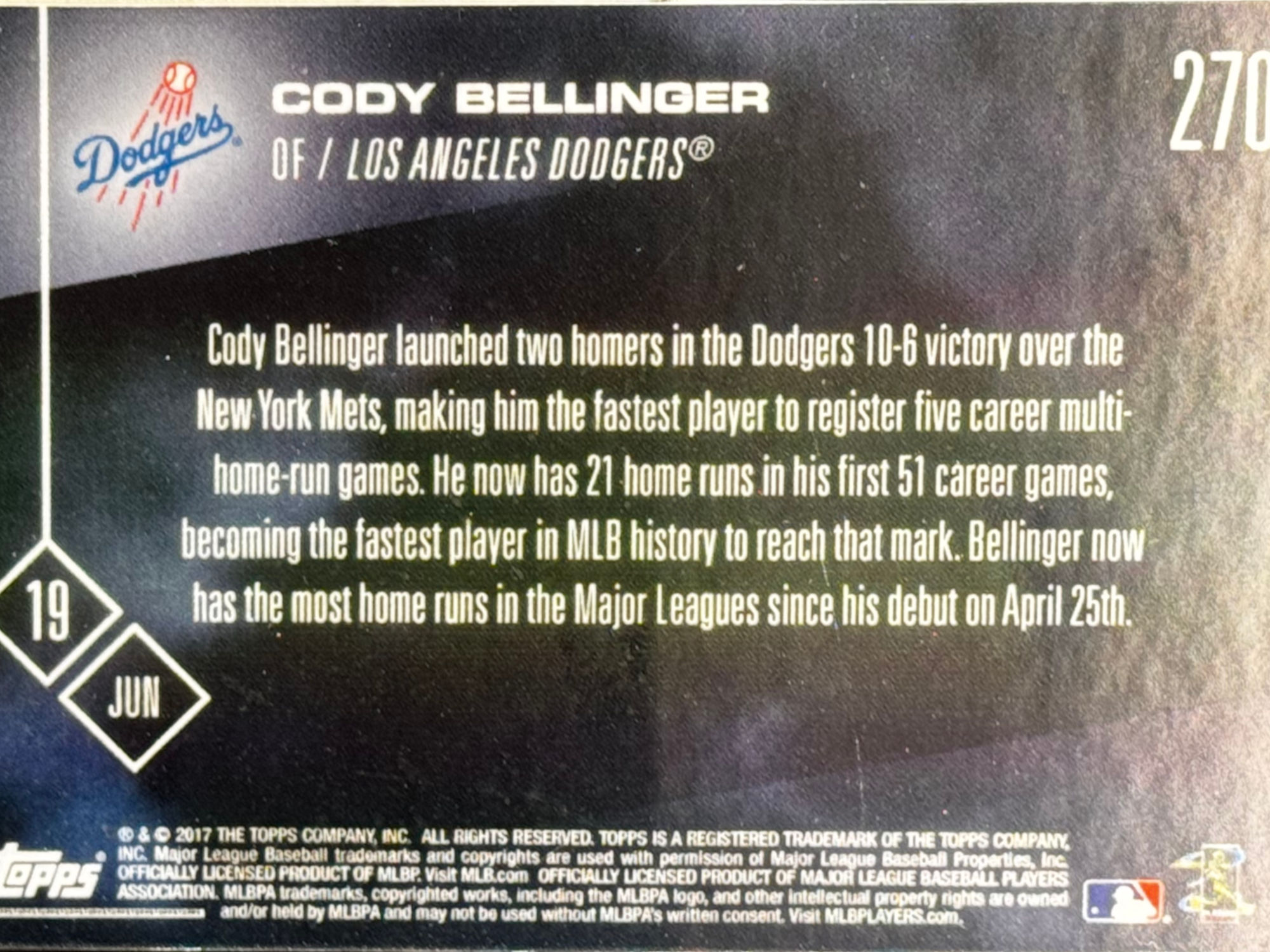 Back of Cody Bellinger's Baseball Card Back of Cody Bellinger's Baseball Card