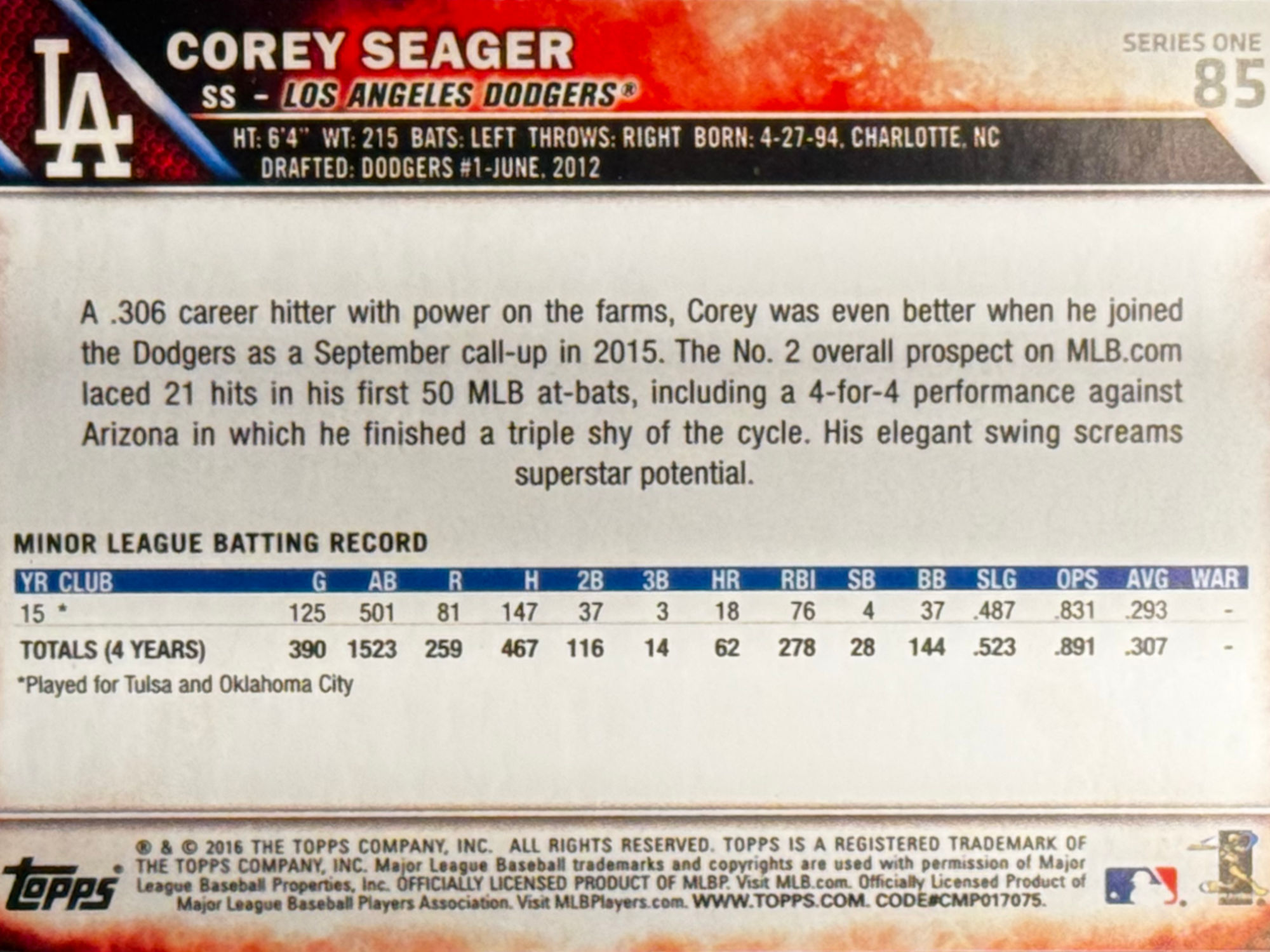 Back of Corey Seager's Baseball Card Back of Corey Seager's Baseball Card