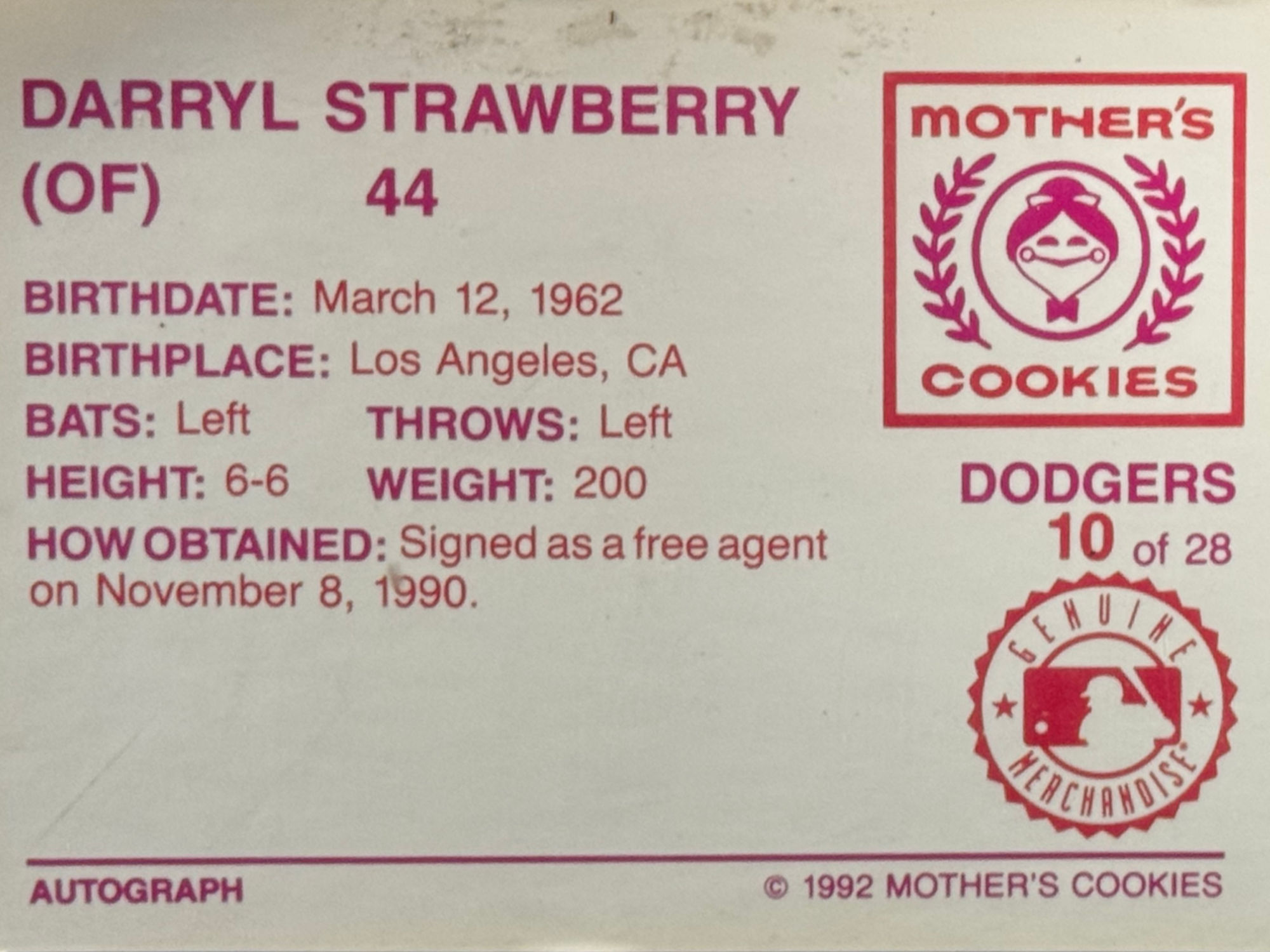 Back of Darryl Strawberry's Baseball Card Back of Darryl Strawberry's Baseball Card