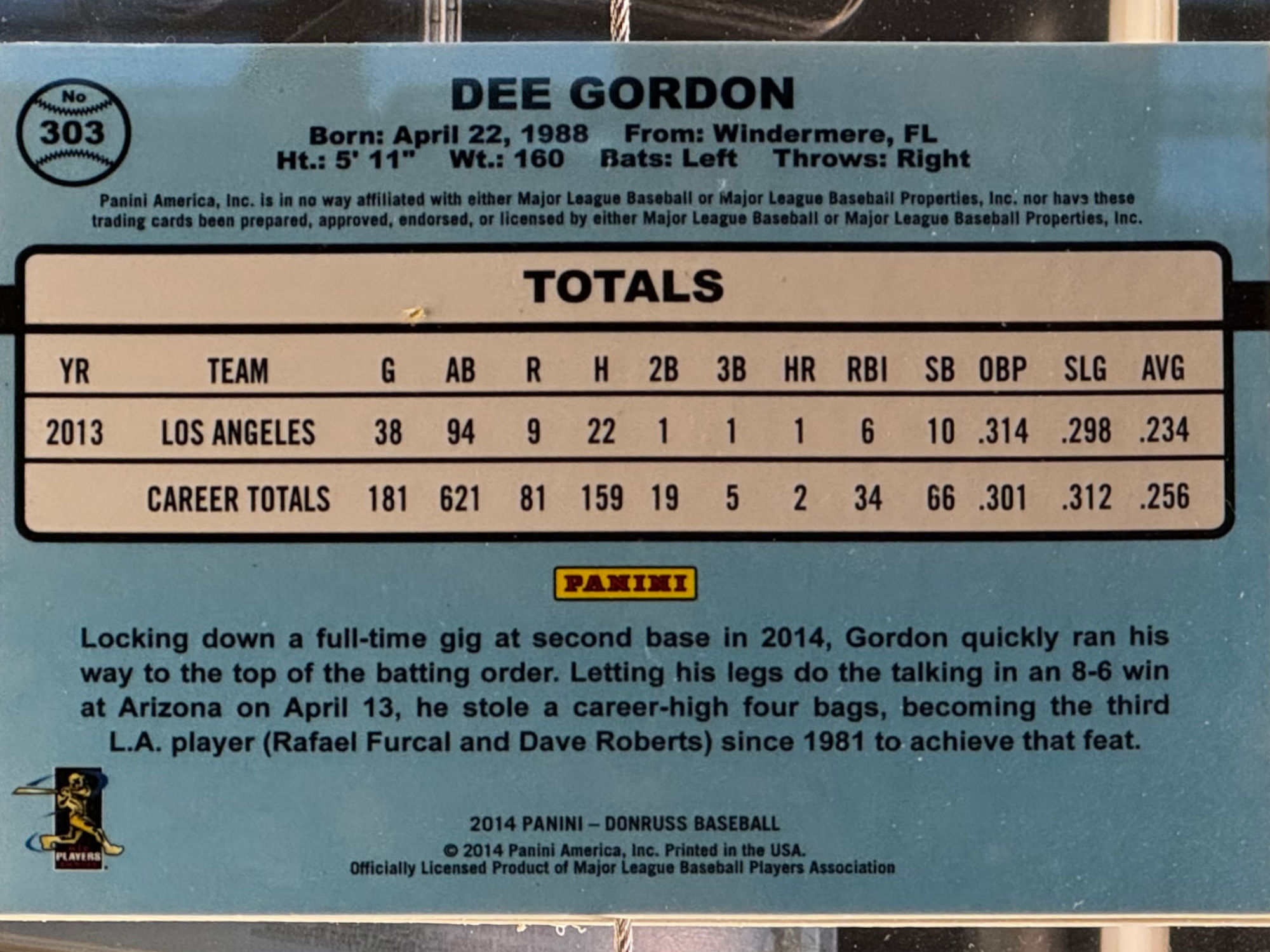 Dee Gordon Baseball Card Back Dee Gordon