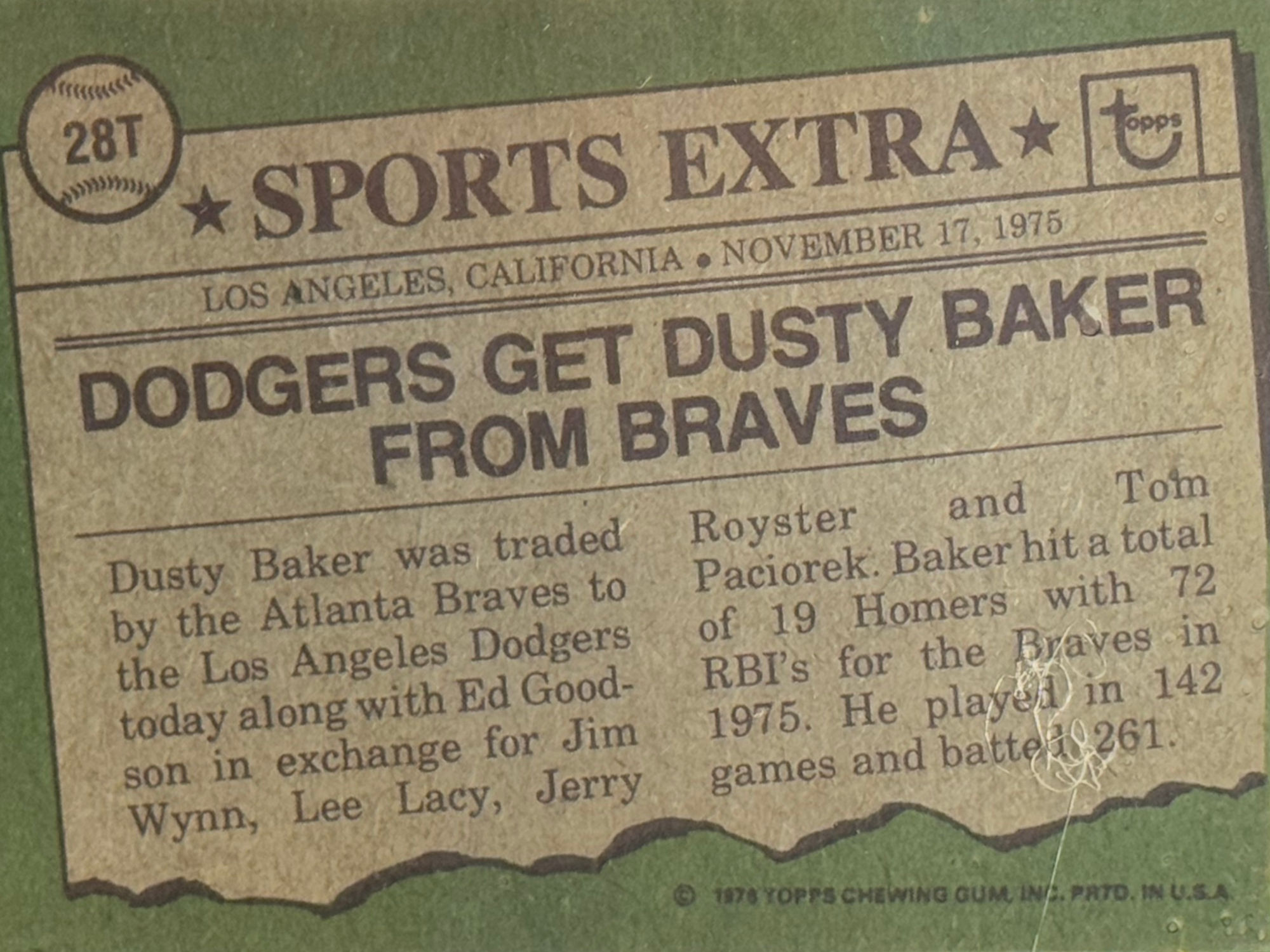 Back of Dusty Baker's Baseball Card Back of Dusty Baker's Baseball Card