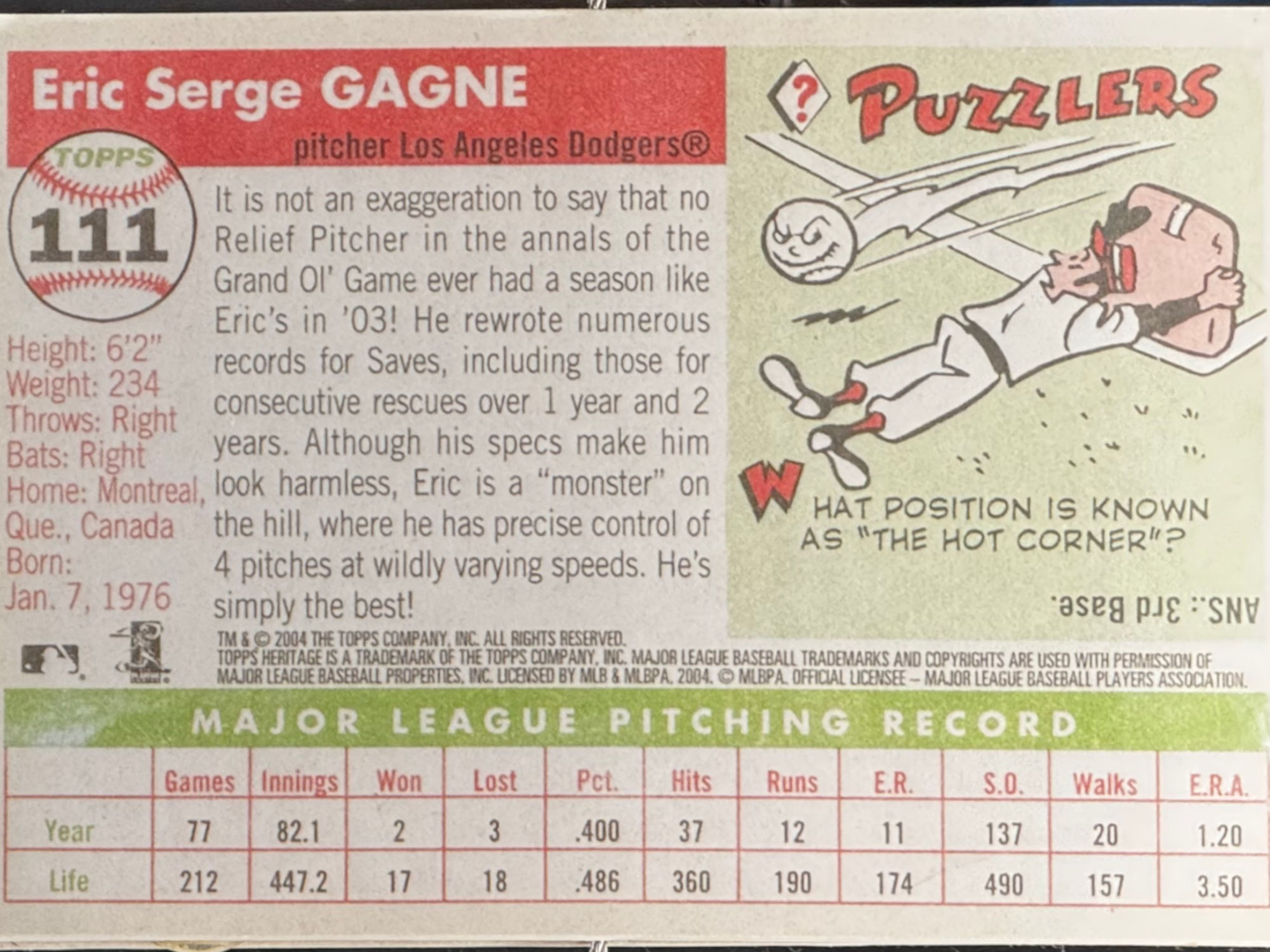Back of Eric Gagne's Baseball Card Back of Eric Gagne's Baseball Card