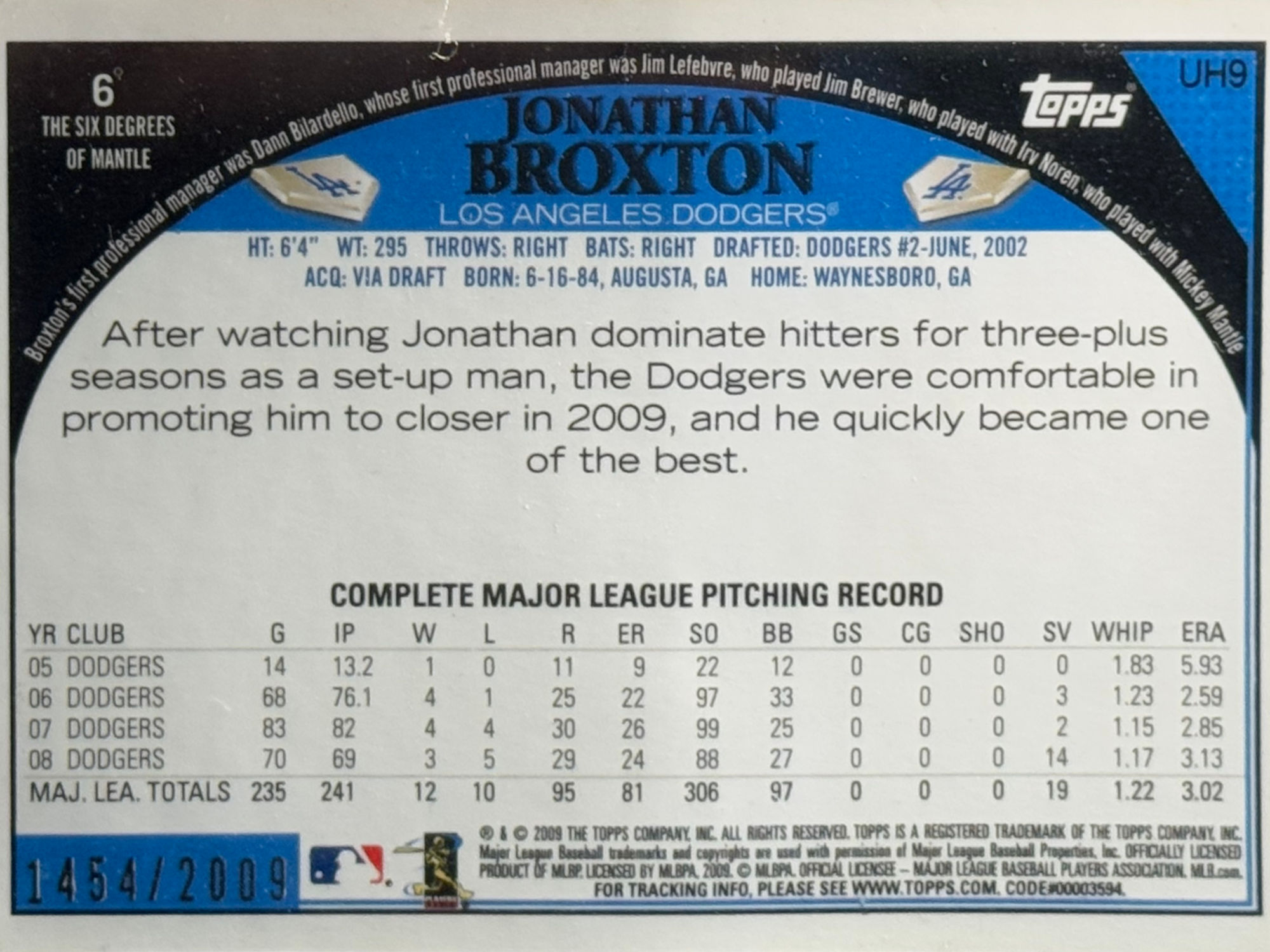 Back of Jonathan Broxton's Baseball Card Back of Jonathan Broxton's Baseball Card