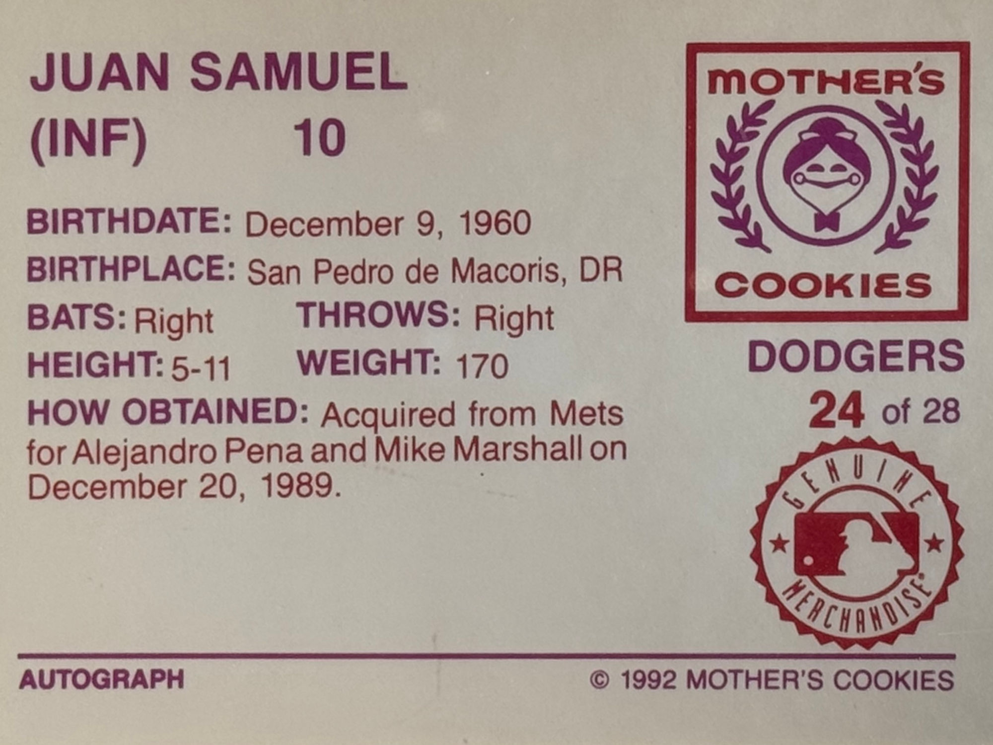 Back of Juan Samuel's Baseball Card Back of Juan Samuel's Baseball Card