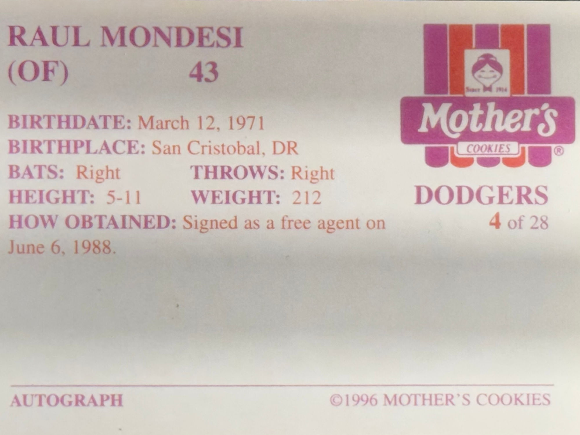 Back of Raul Mondesi's Baseball Card Back of Raul Mondesi's Baseball Card