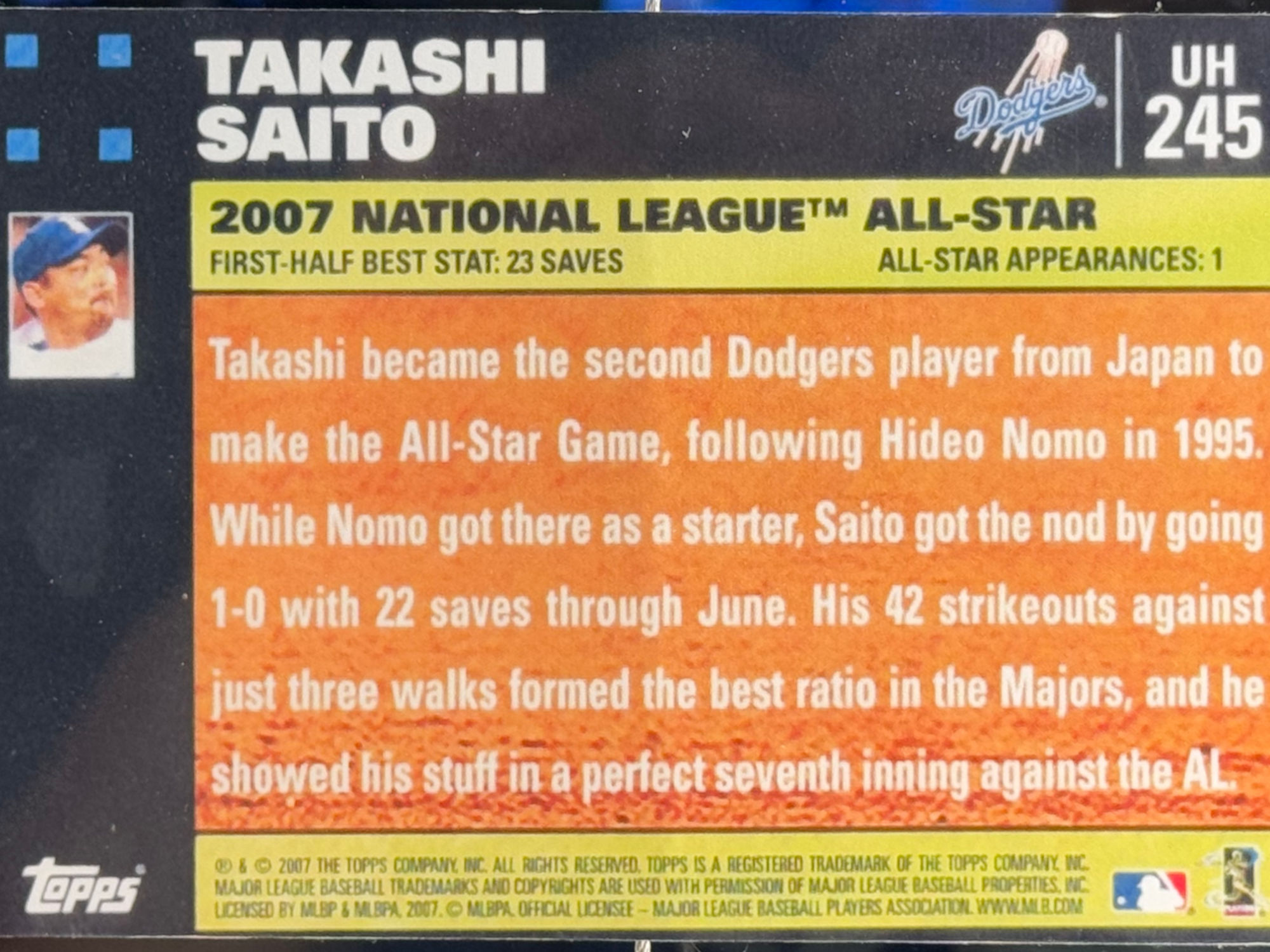 Back of Takashi Saito's Baseball Card Back of Takashi Saito's Baseball Card