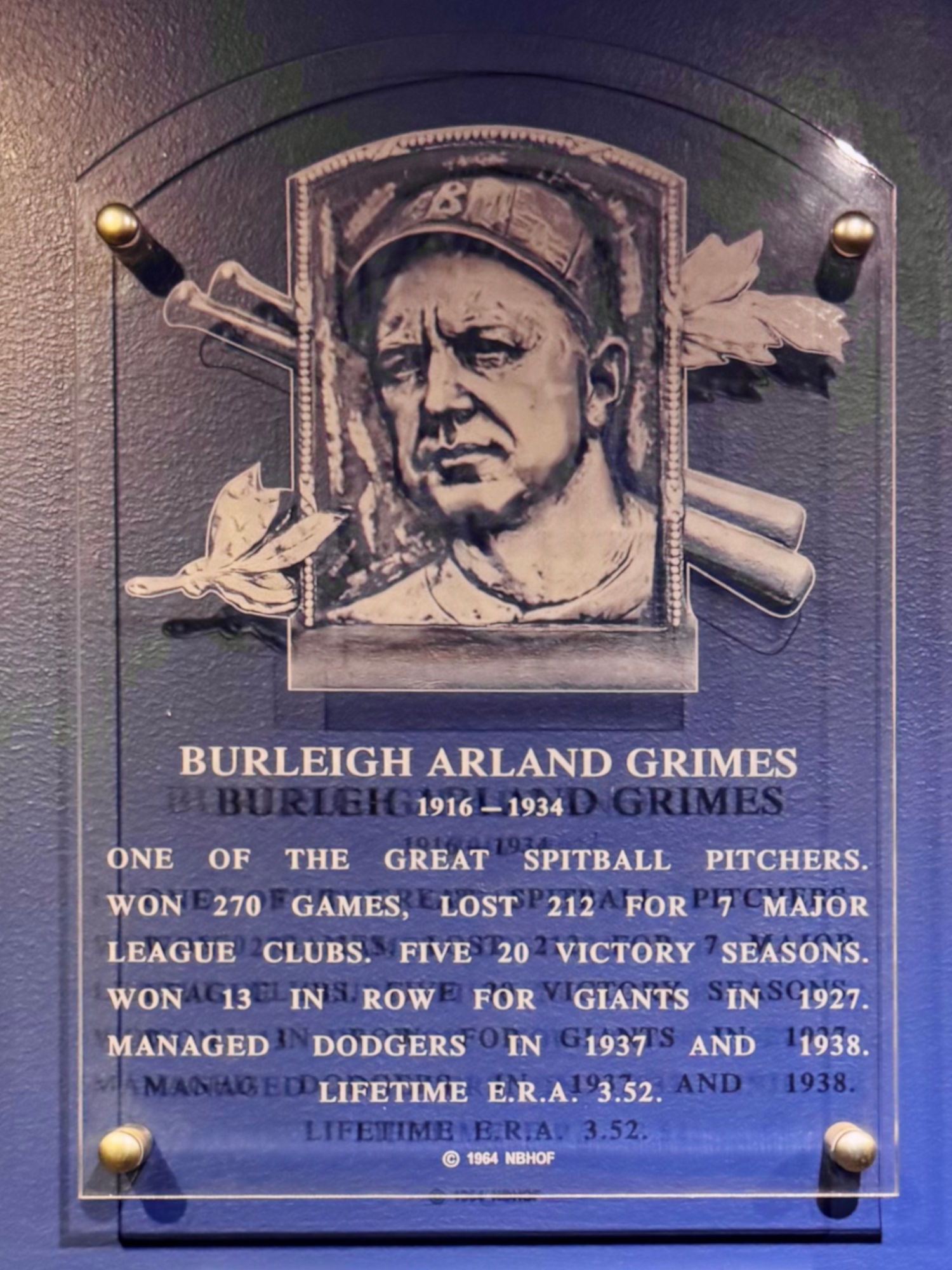Hall of Fame Plaque Burleigh Grimes Hall of Fame Plaque