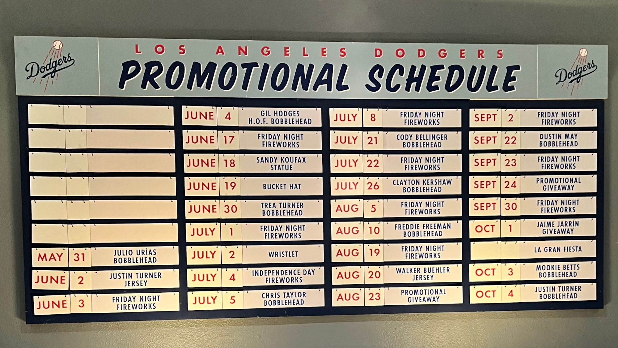 Dodgers Promotional Schedule