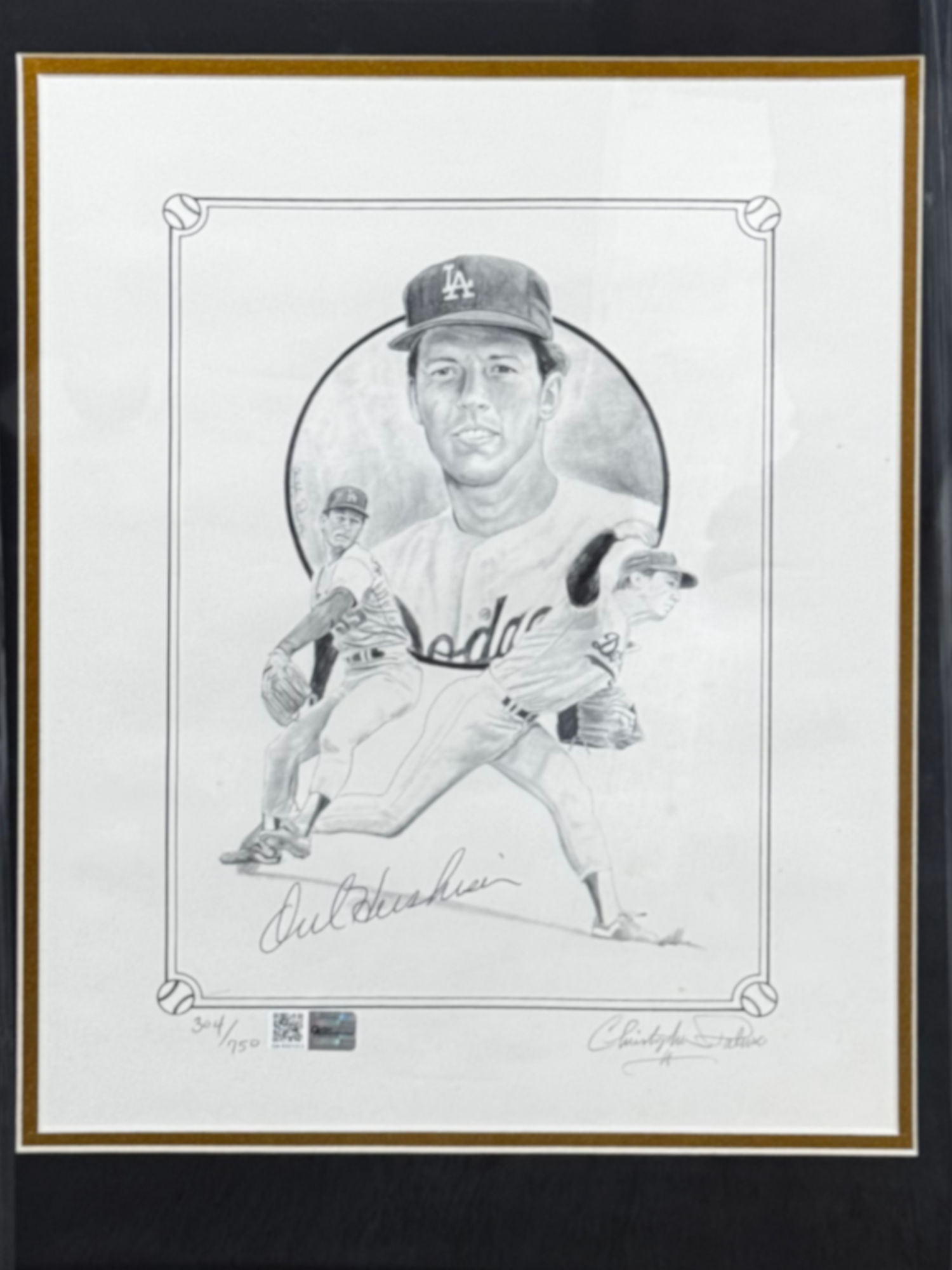 Autographed Pencil Drawing Orel Hershiser Autographed Pencil Drawing
