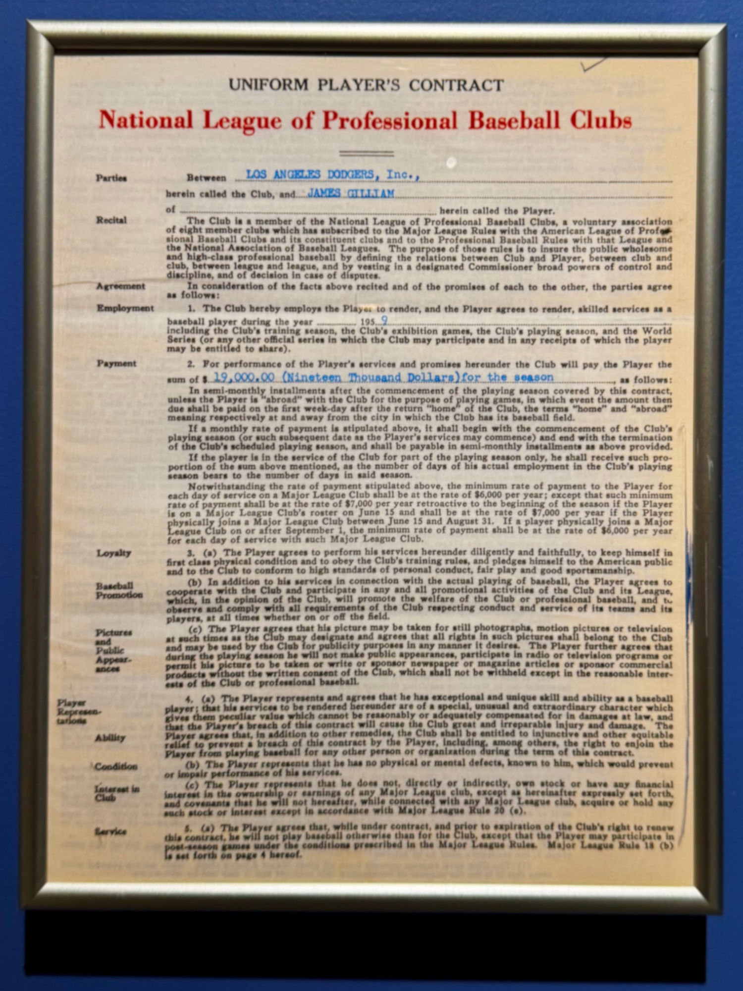 1959 Player's Contract Jim Gilliam 1959 Player's Contract Jim Gilliam