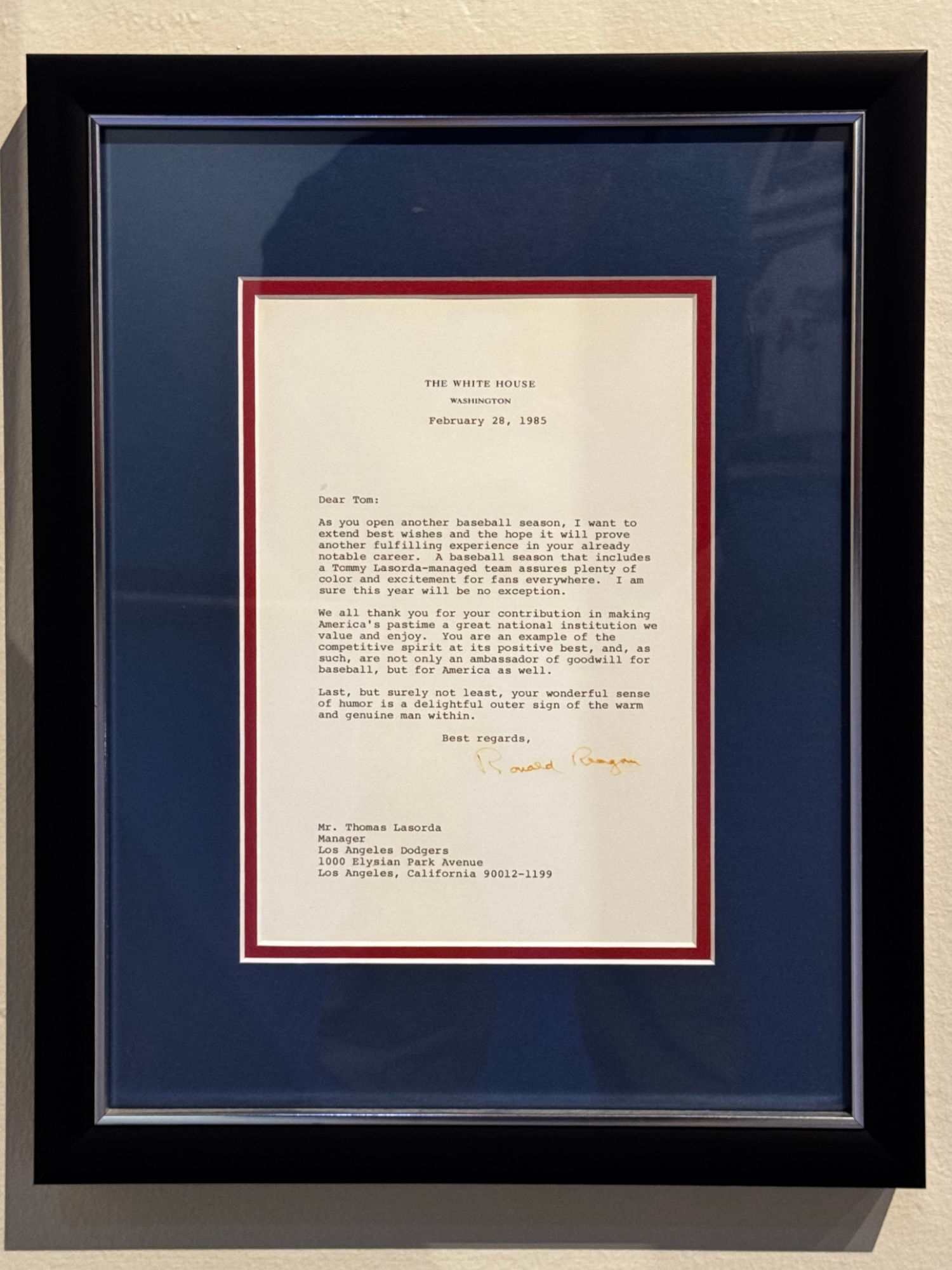 Letter from The White House Tommy Lasorda Letter from The White House