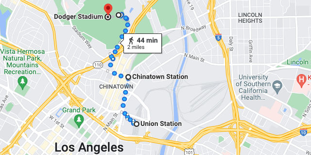Walking from Union Station to Dodger Stadium on Google Maps