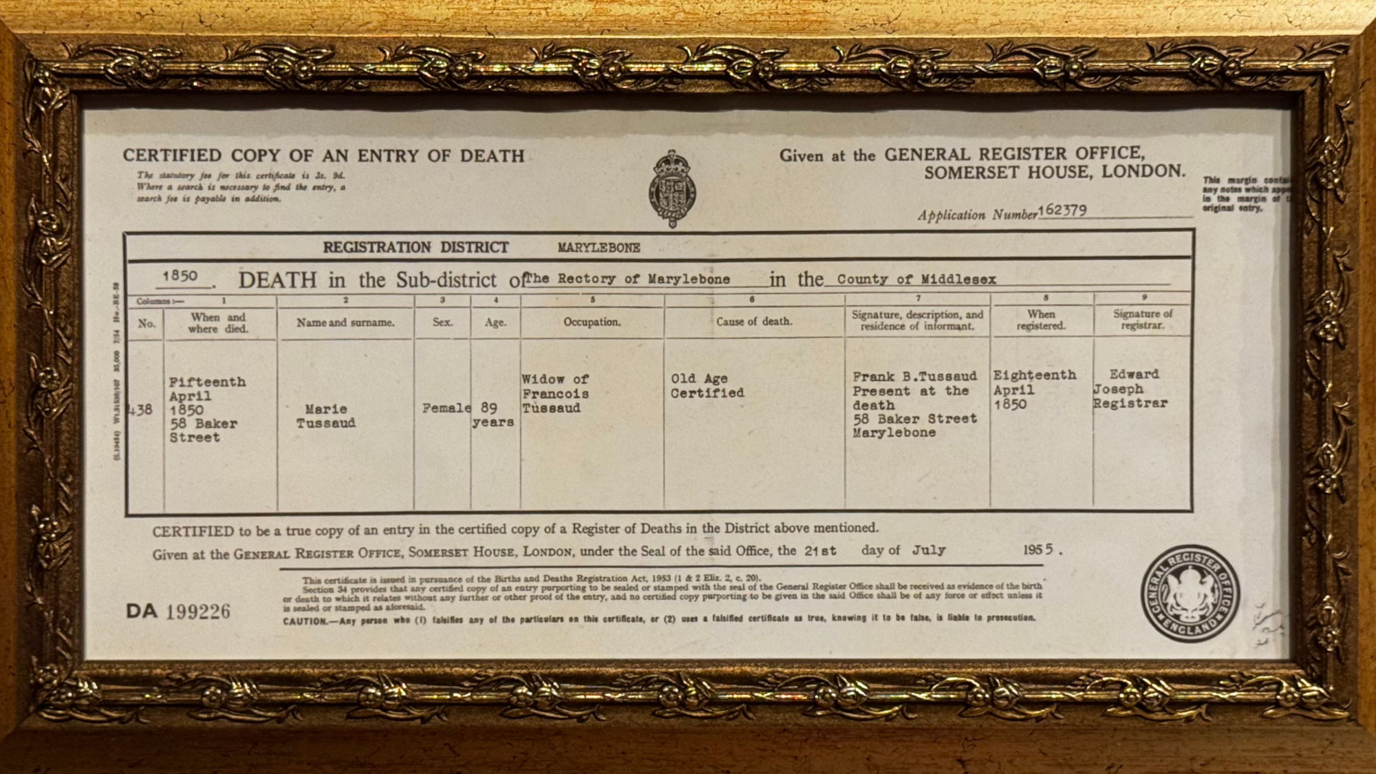 Madame Marie Tussaud Death Certificate