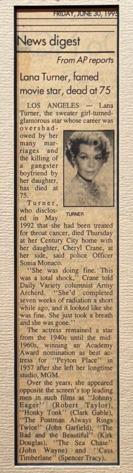Ripley's Obituary Lana Turner