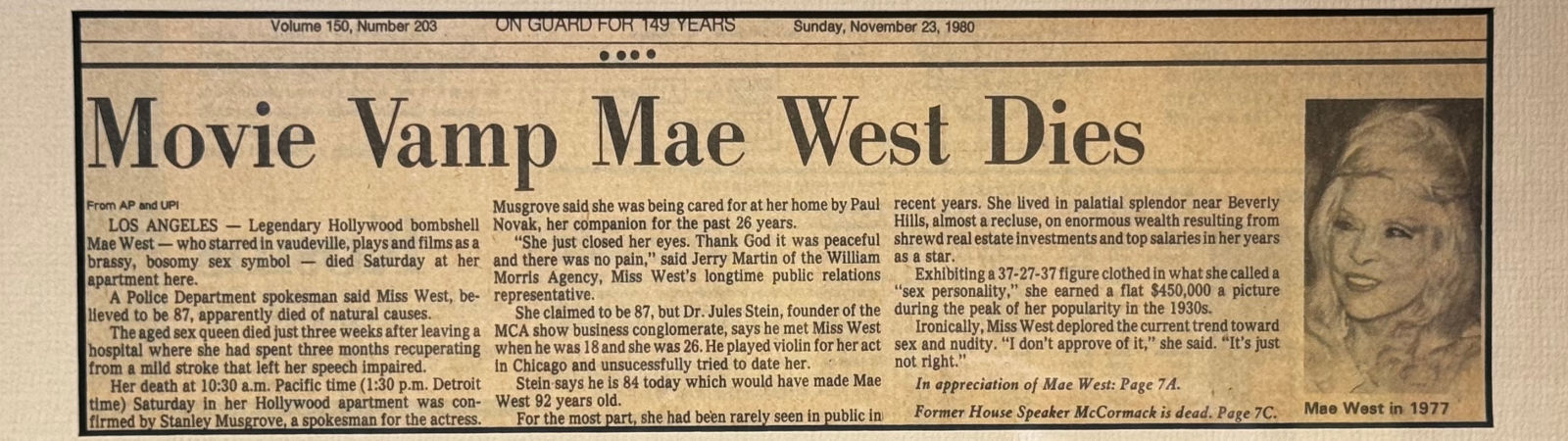 Ripley's Obituary Mae West