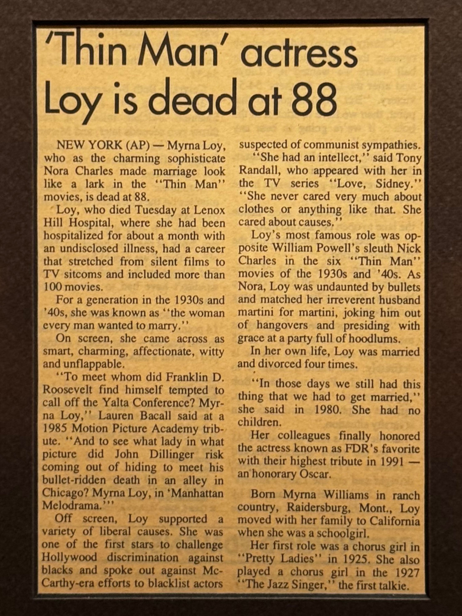 Ripley's Obituary Myrna Loy