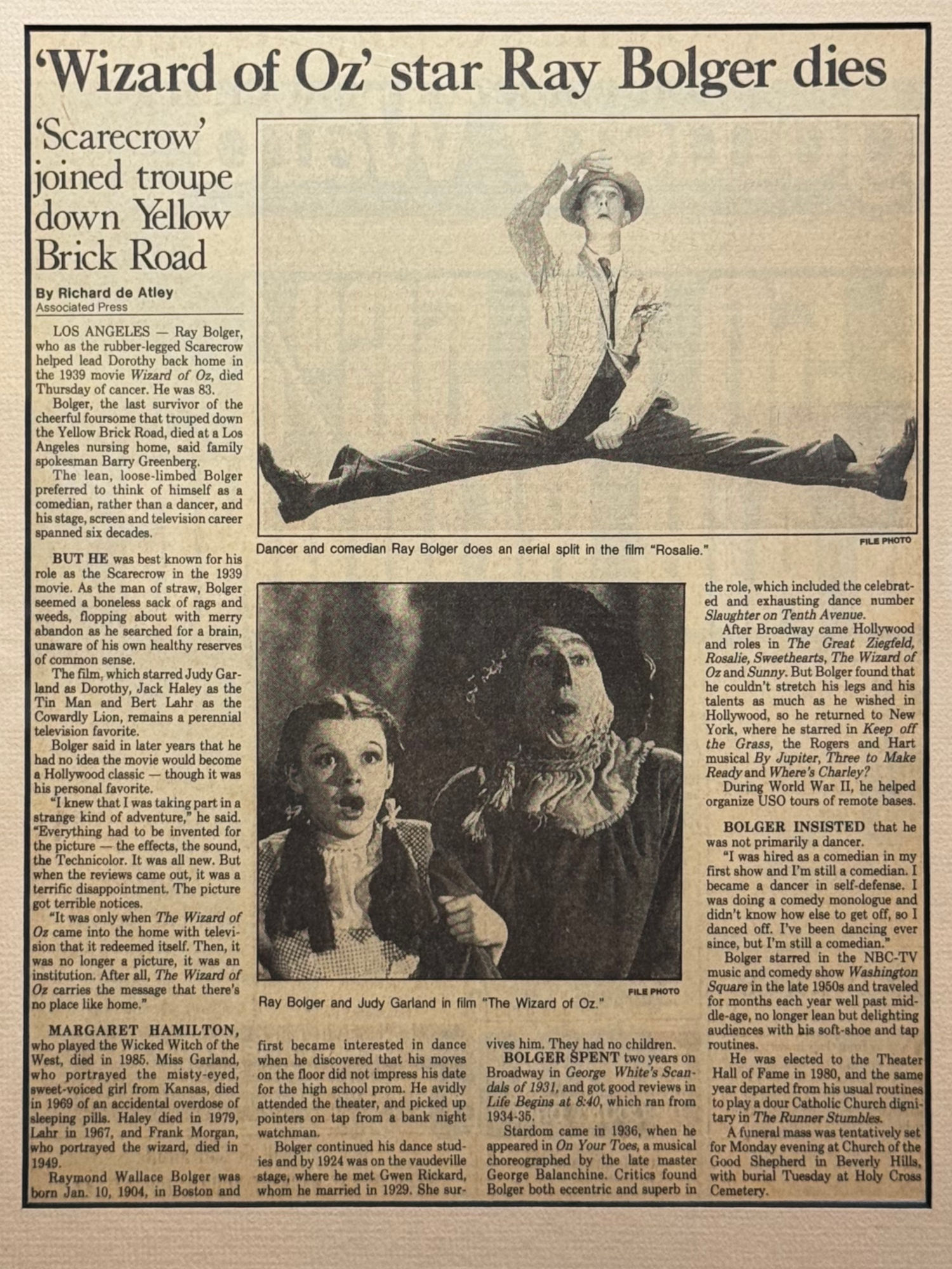 Ripley's Obituary Ray Bolger