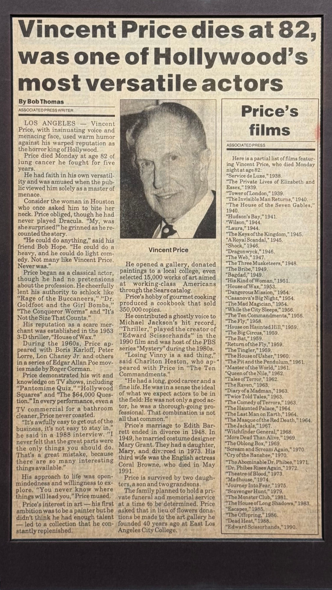 Ripley's Obituary Vincent Price