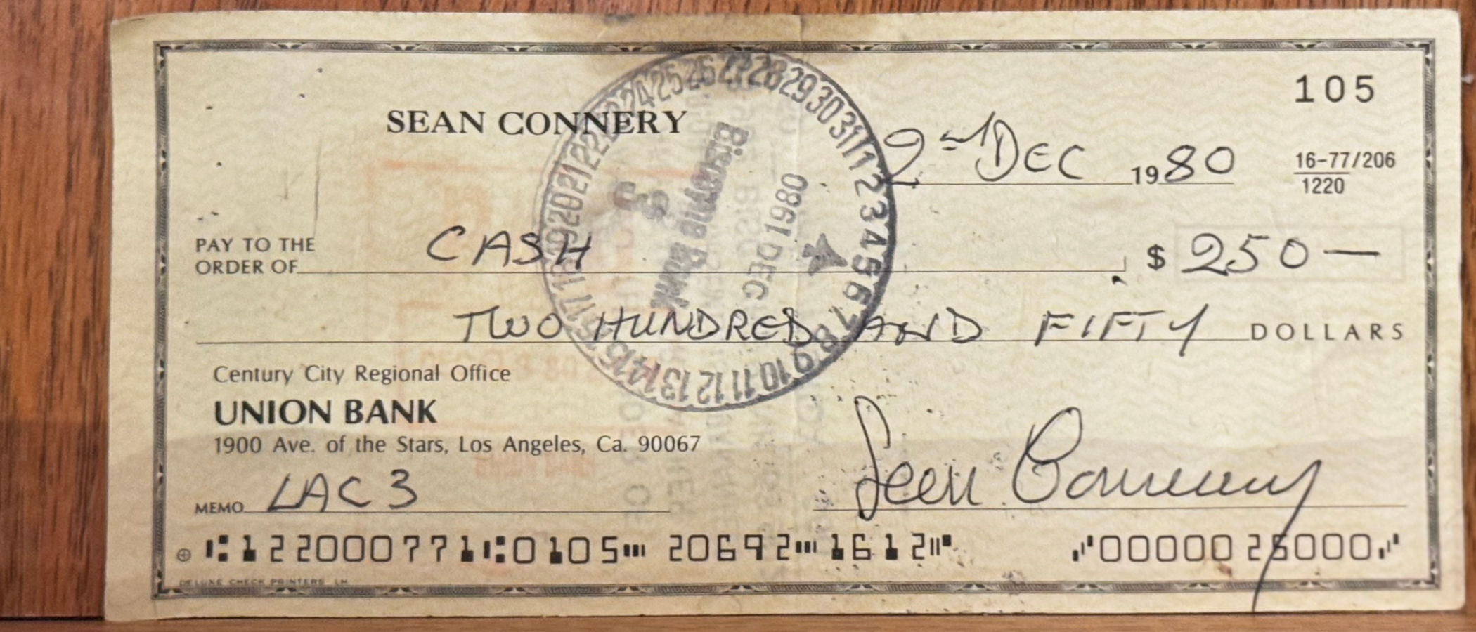 Ripley's Sean Connery Autographed Check