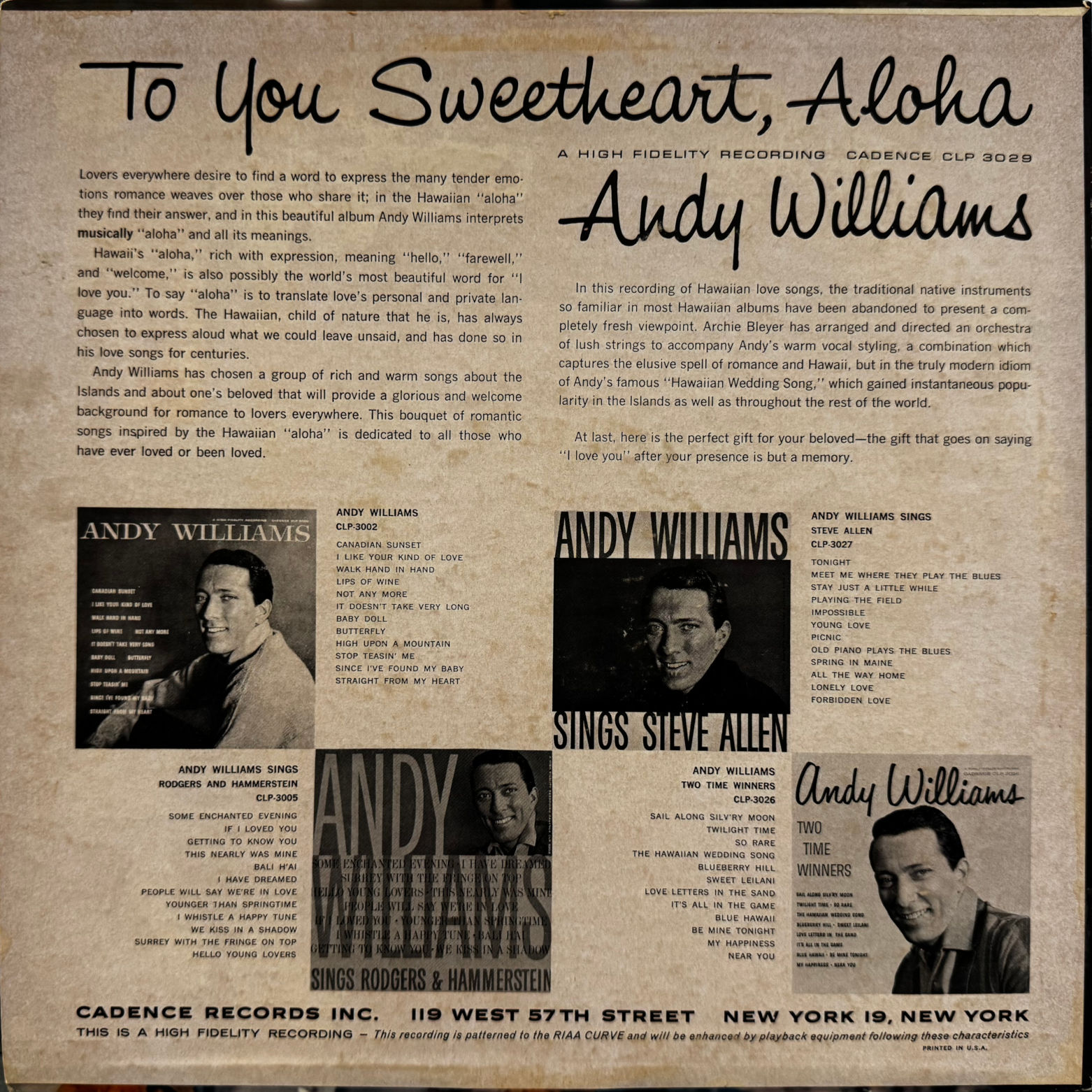 Andy Williams To You Sweetheart Aloha
