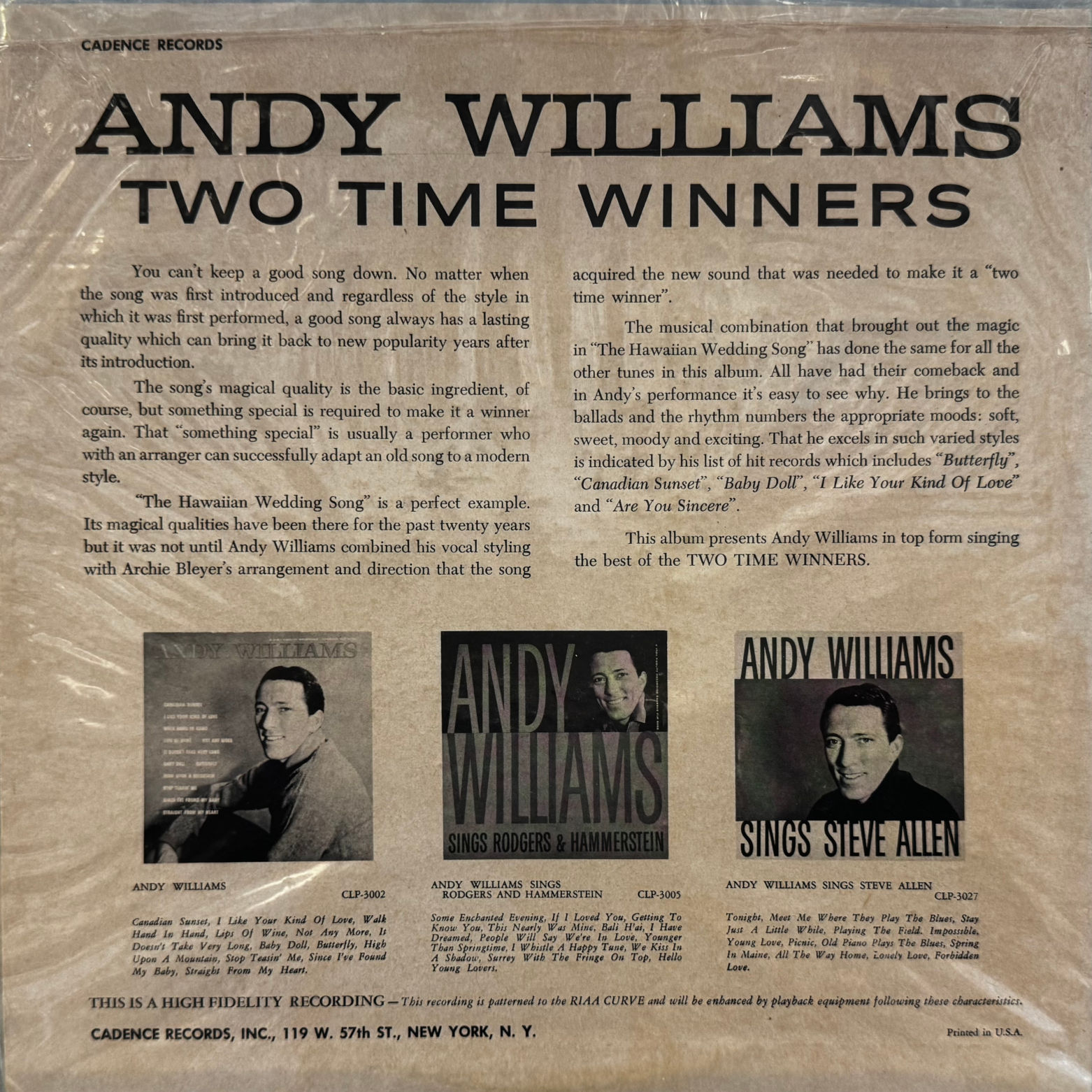 Vinyl Andy Williams Two Time Winners