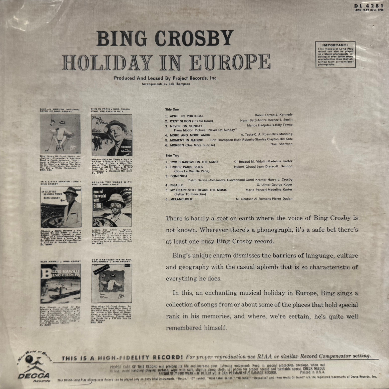 Vinyl Bing Crosby Holiday in Europe