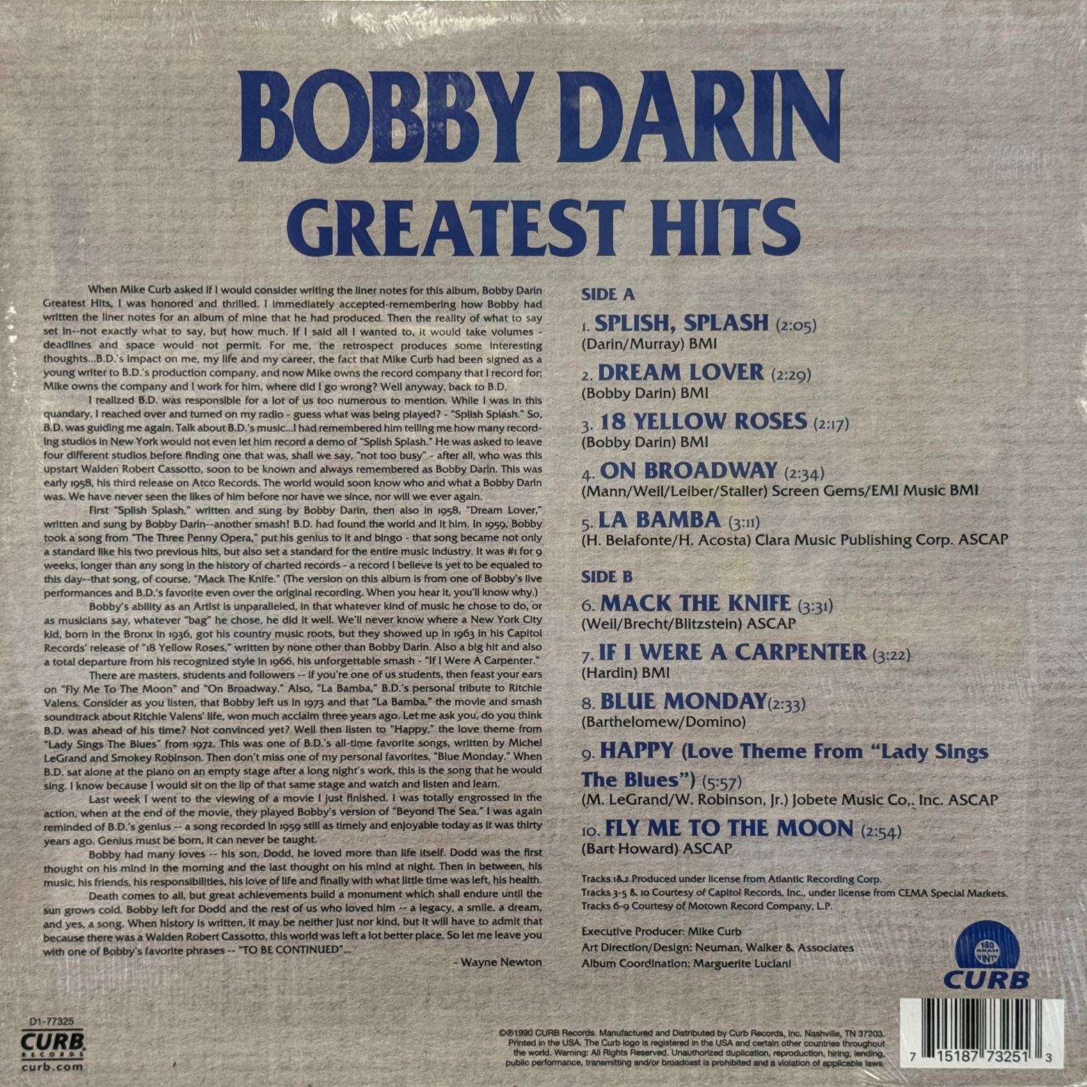 Bobby Darin Greatest Hits Record Album