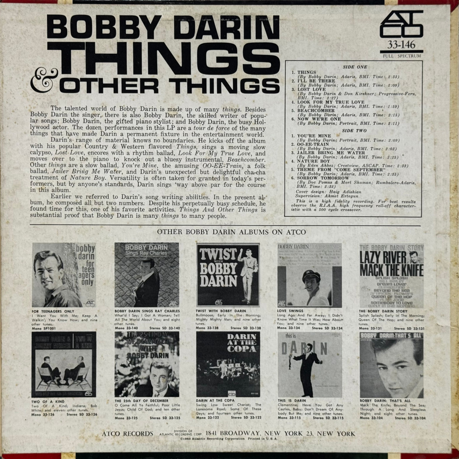 Bobby Darin Things and Other Things Record Album