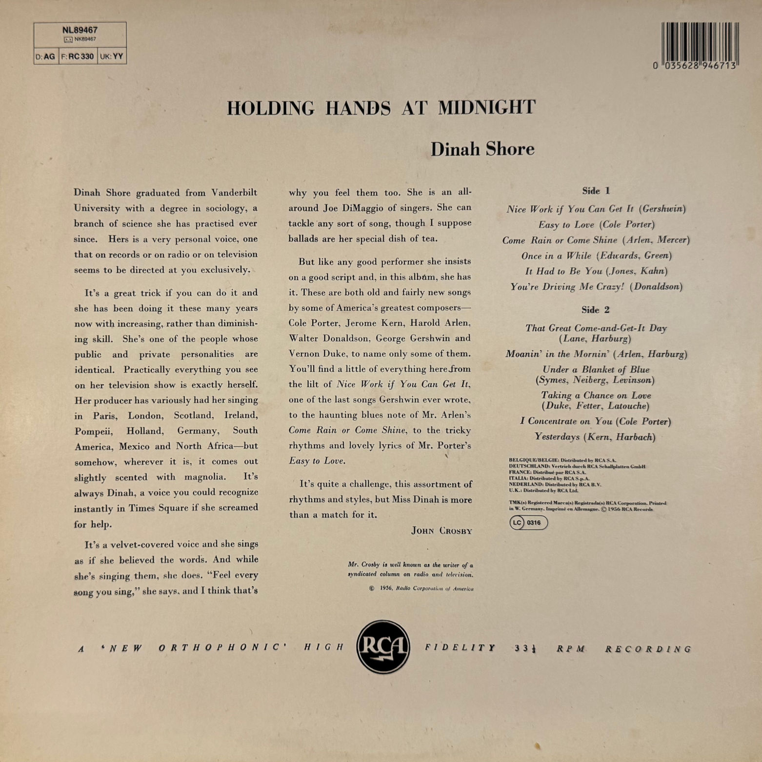 Vinyl Dinah Shore Holding Hands At Midnight