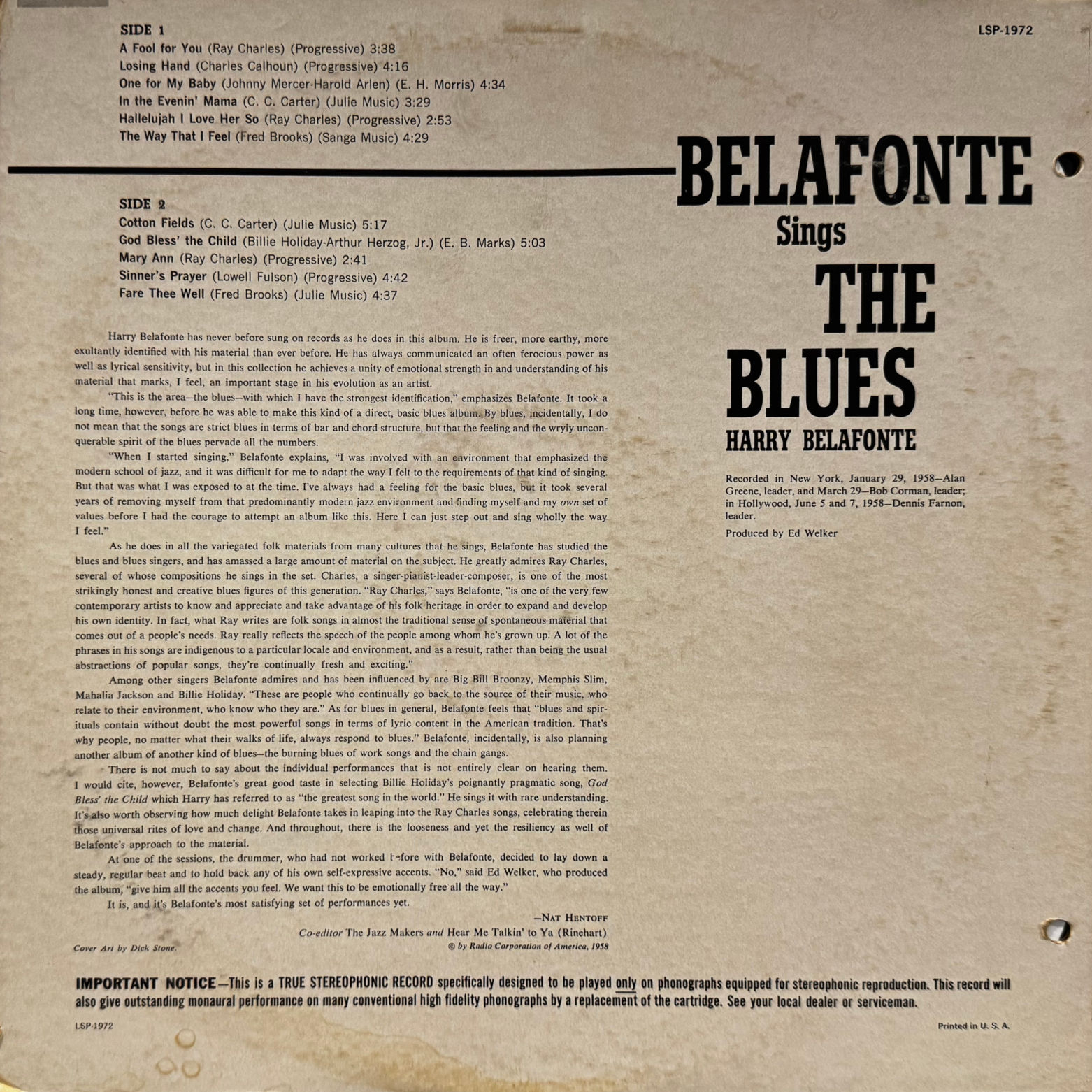 Vinyl Harry Belafonte Sings the Blues