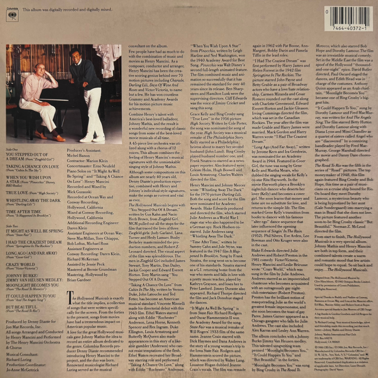 Vinyl Johnny Mathis and Henry Mancini The Hollywood Musicals