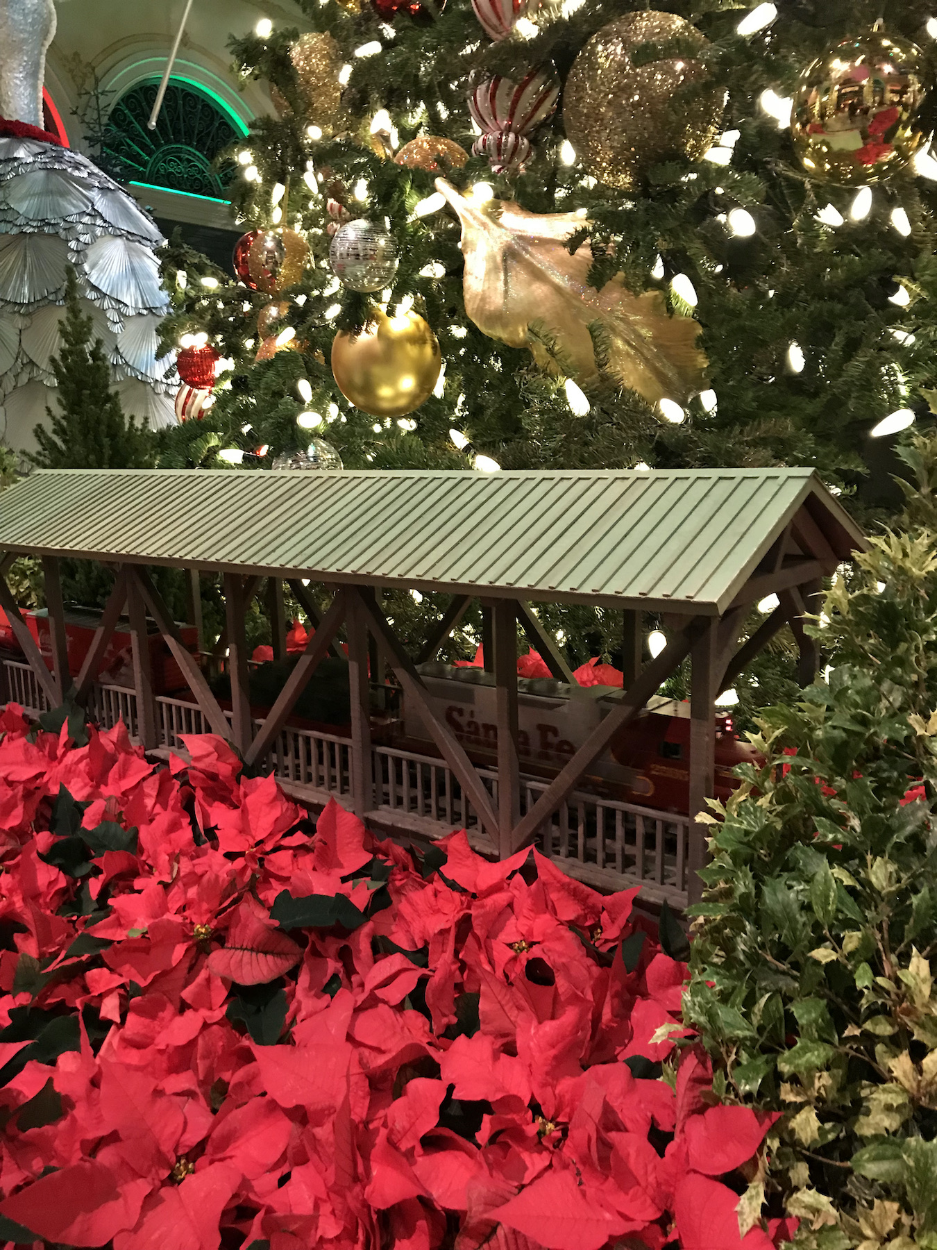 Model Train going through the covered bridge