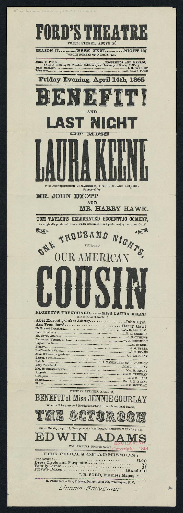Our American Cousin Playbill Our American Cousin Playbill
