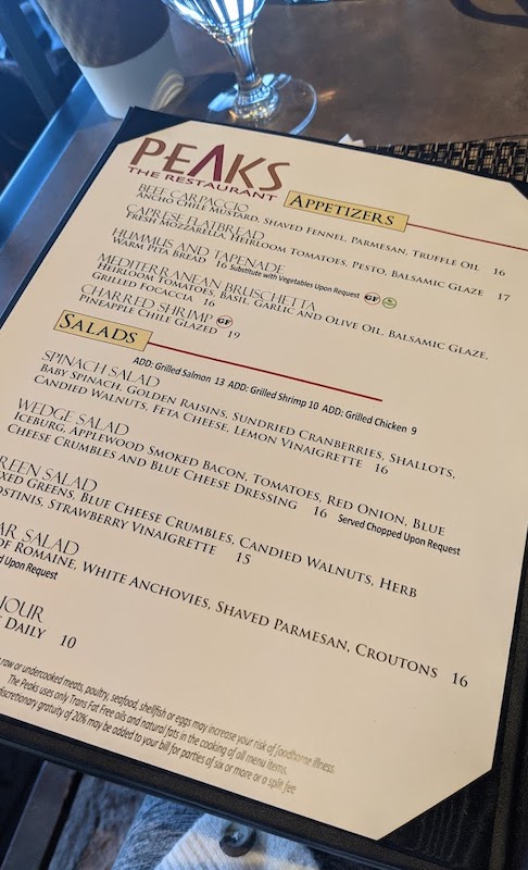 Peaks the Restaurant Appetizers and Salads Menu
