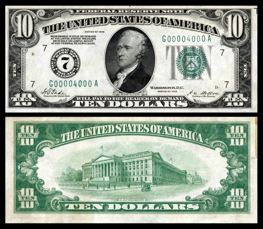 Old Ten Dollar Bill Both Sides