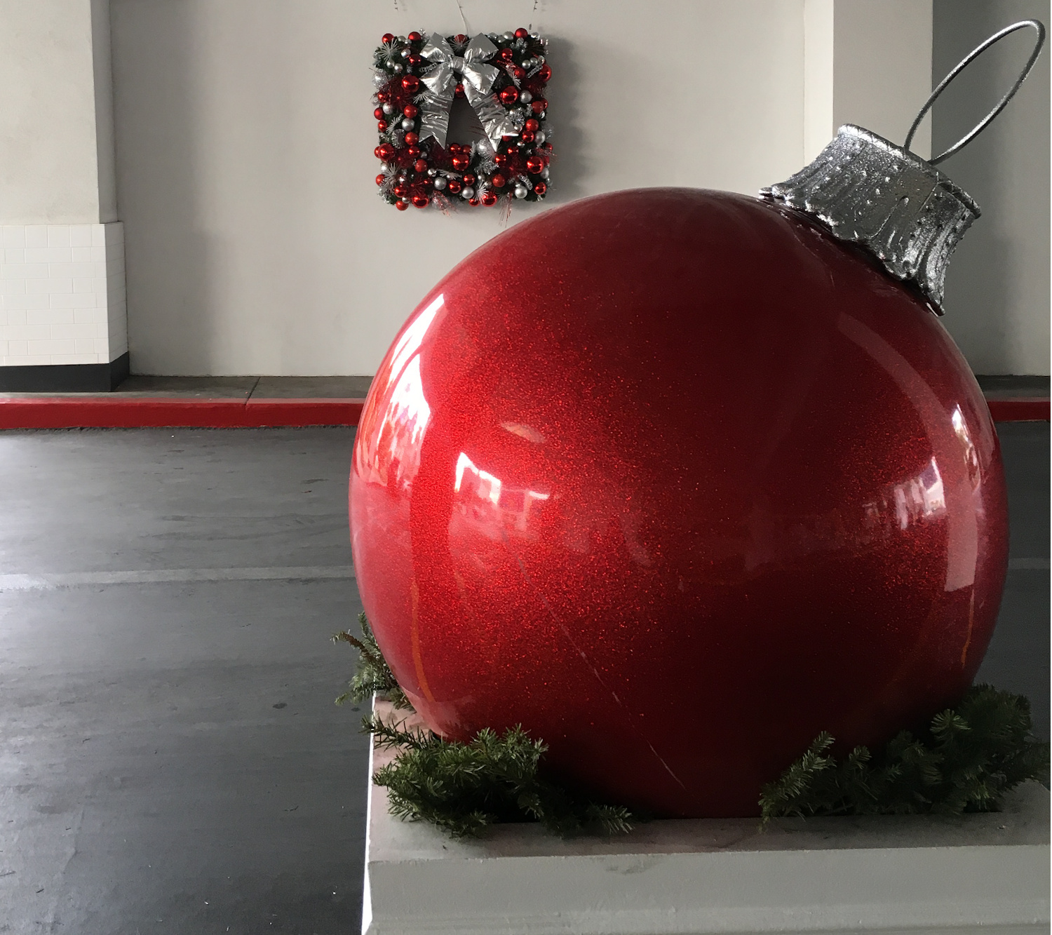Giant Ornament entering the Tropicana parking garage