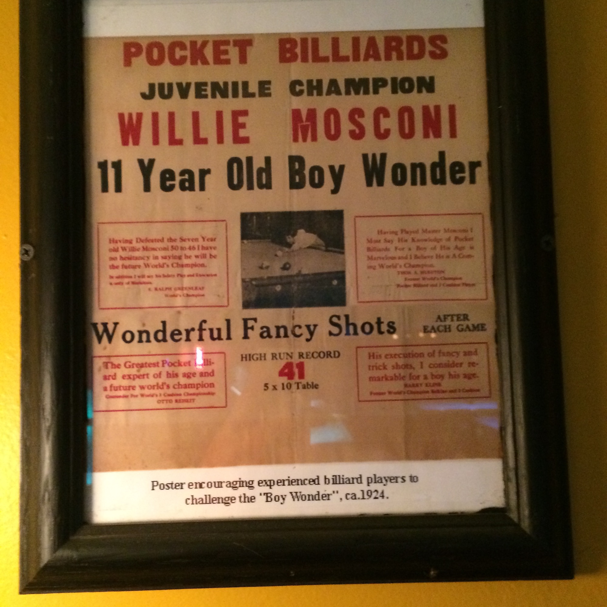 1924 Poster of 11 year old boy wonder Willie Mosconi