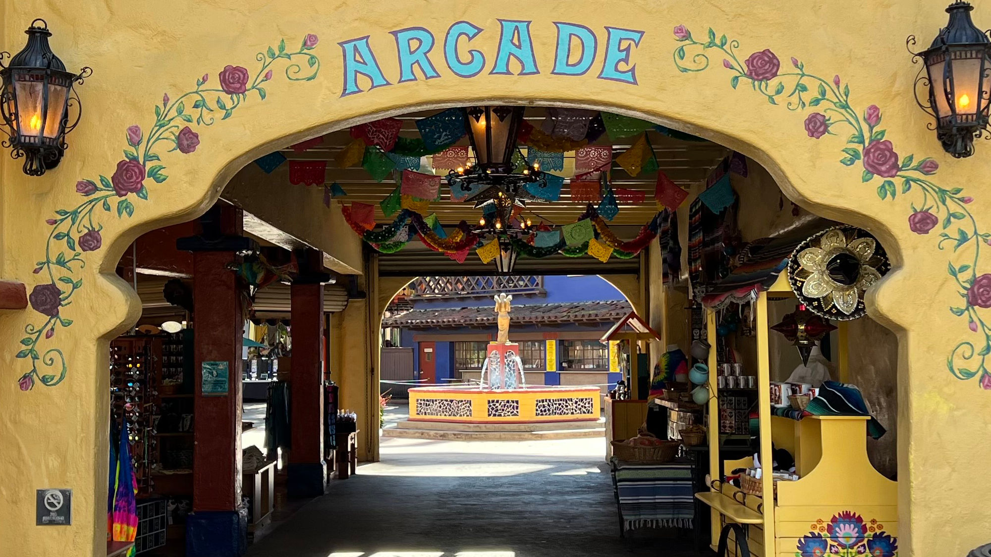 View of fountain through the Arcade walkway