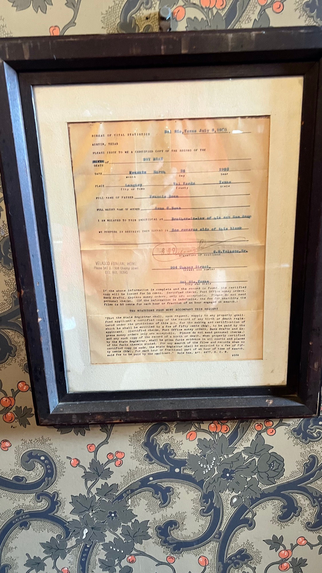 Judge Roy Bean Death Certificate