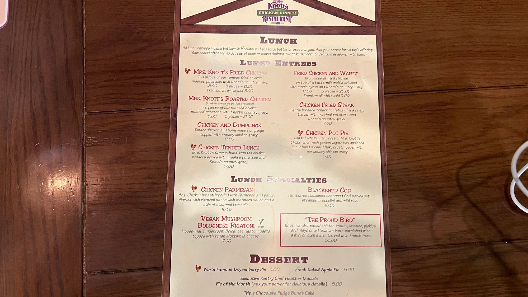 Mrs. Knott's Chicken Dinner Restaurant Menu