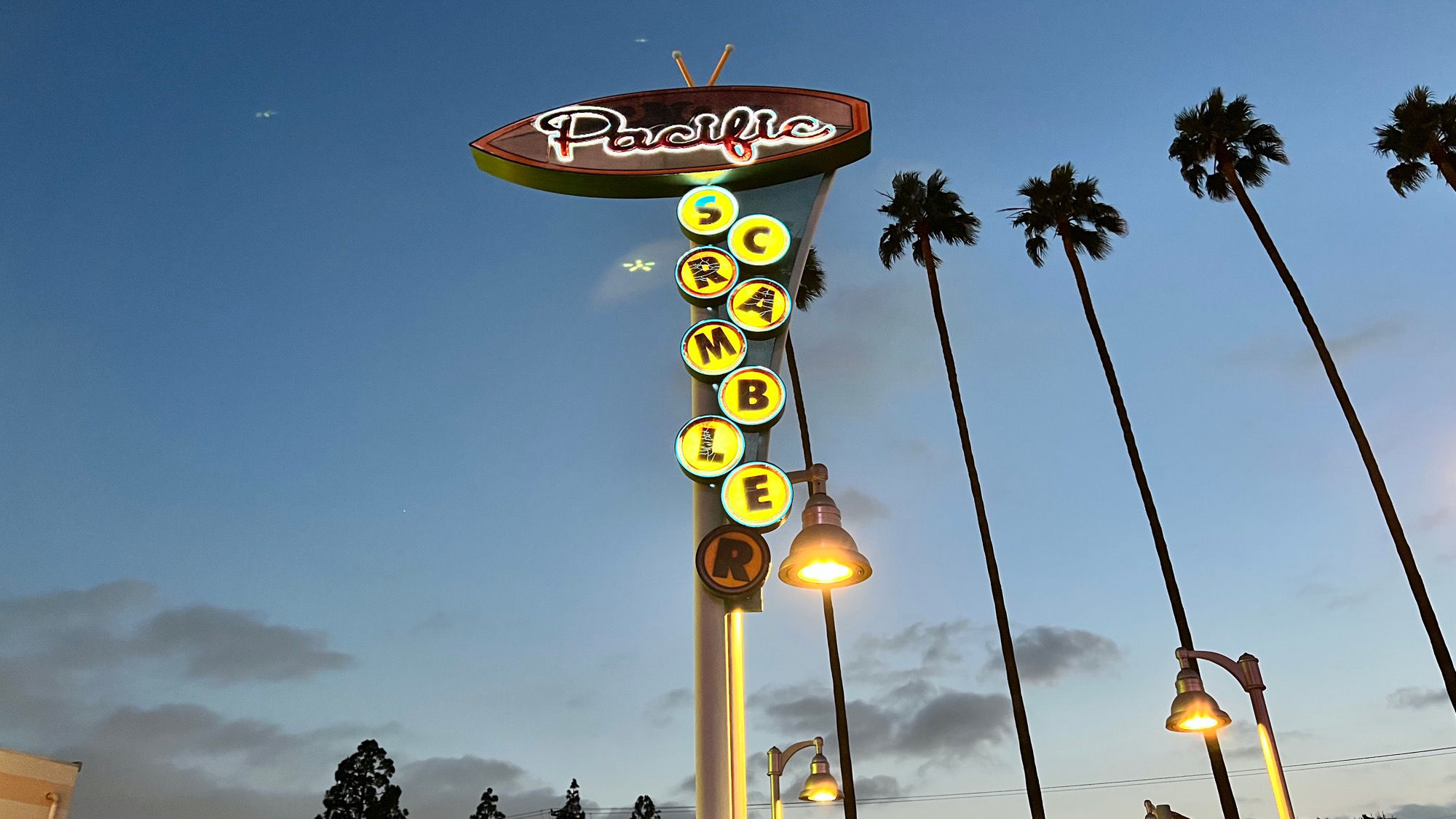 Pacific Scrambler Sign at Night