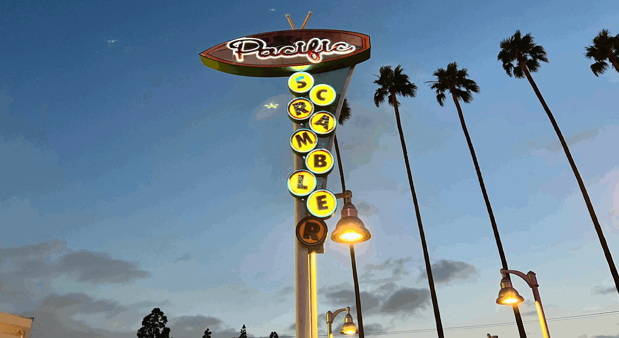 Pacific Scrambler Sign at Night