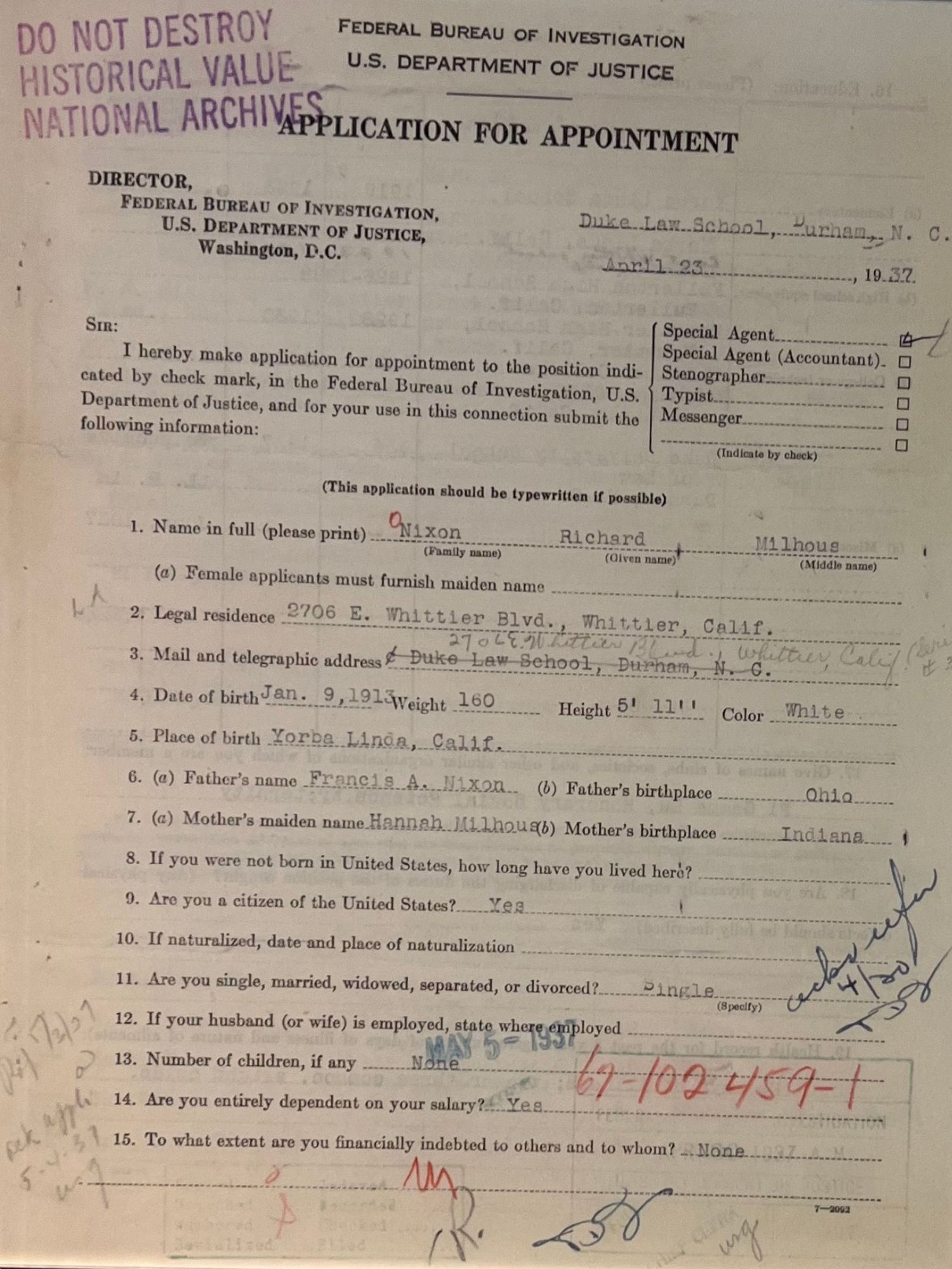 Richard Nixon FBI Application