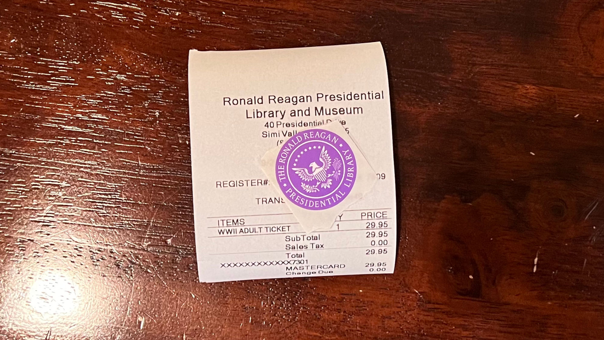 Reagan Library Admission Sticker and Receipt
