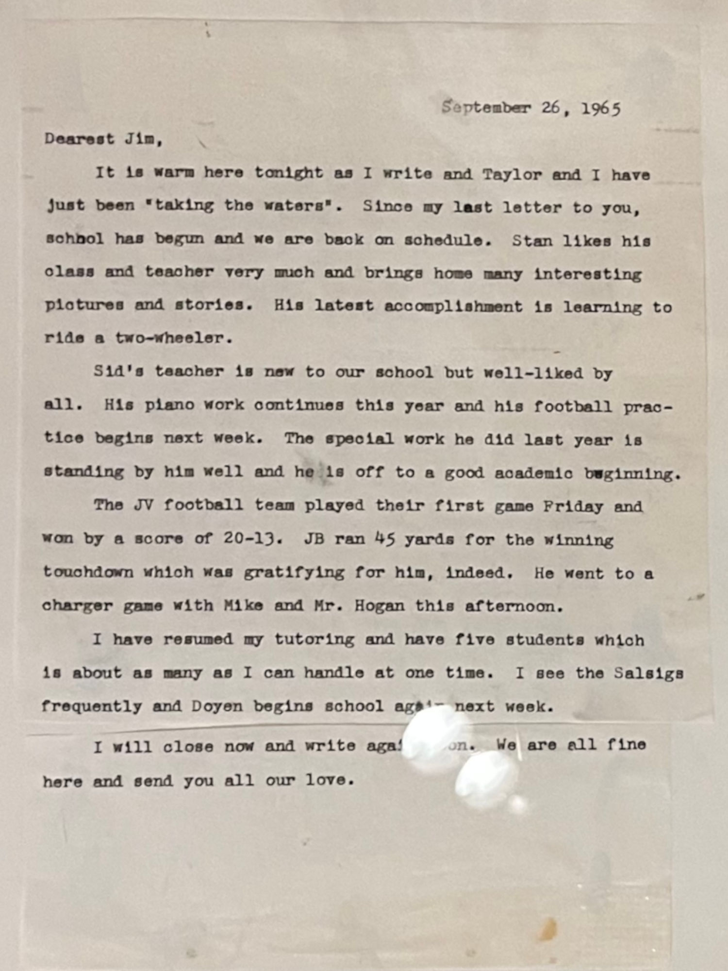 Stockdale Letter From Sybil to Jim