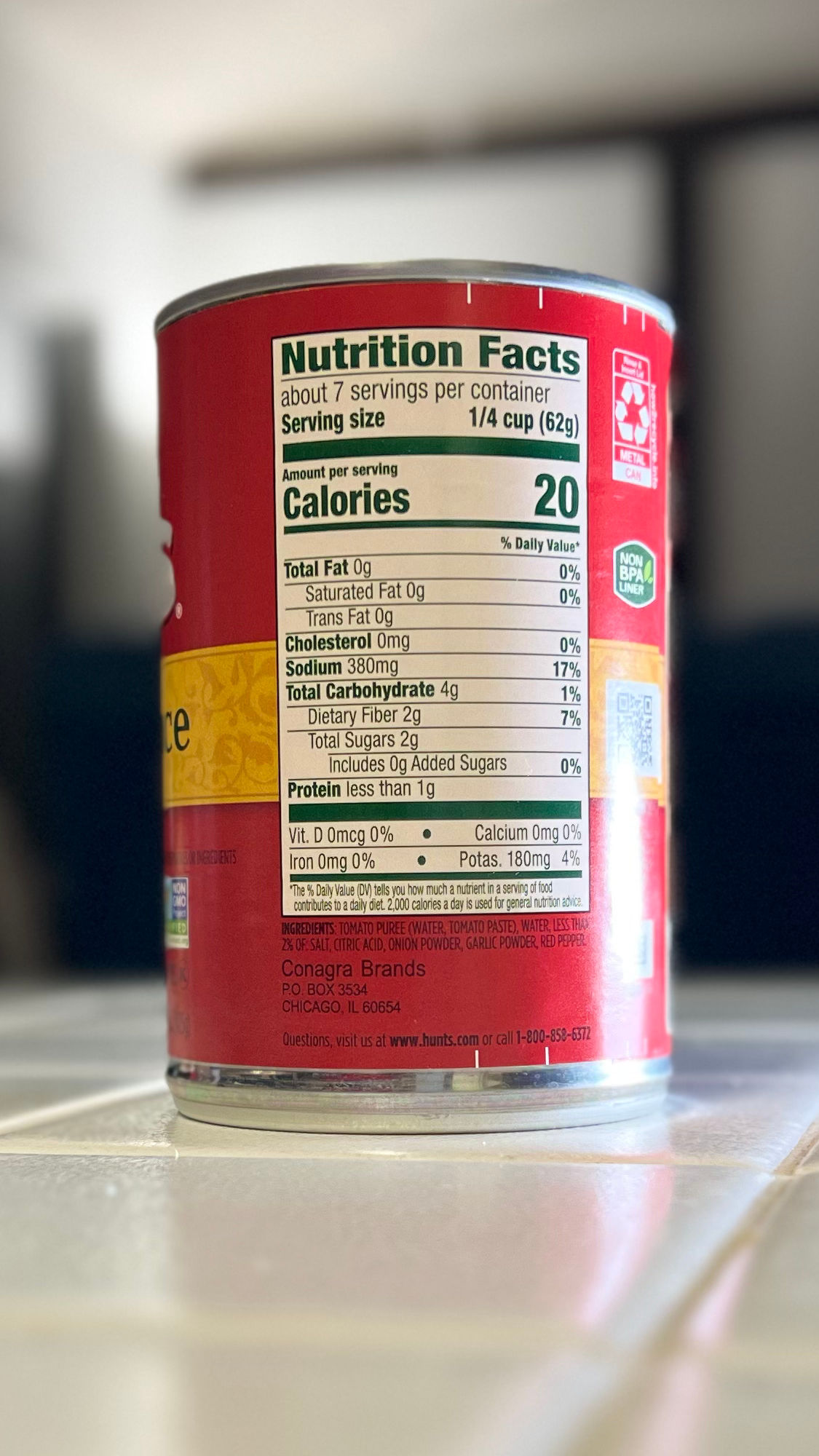 Hunts Tomato Sauce Nutrition Label